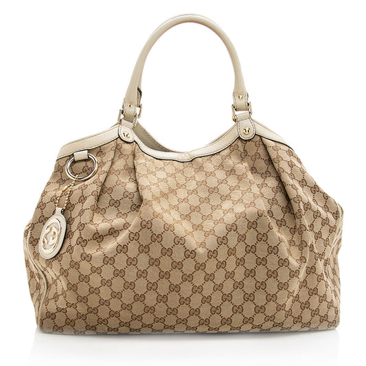 Gucci GG Sukey SHF Leather Canvas White Beige Tote Bag 4