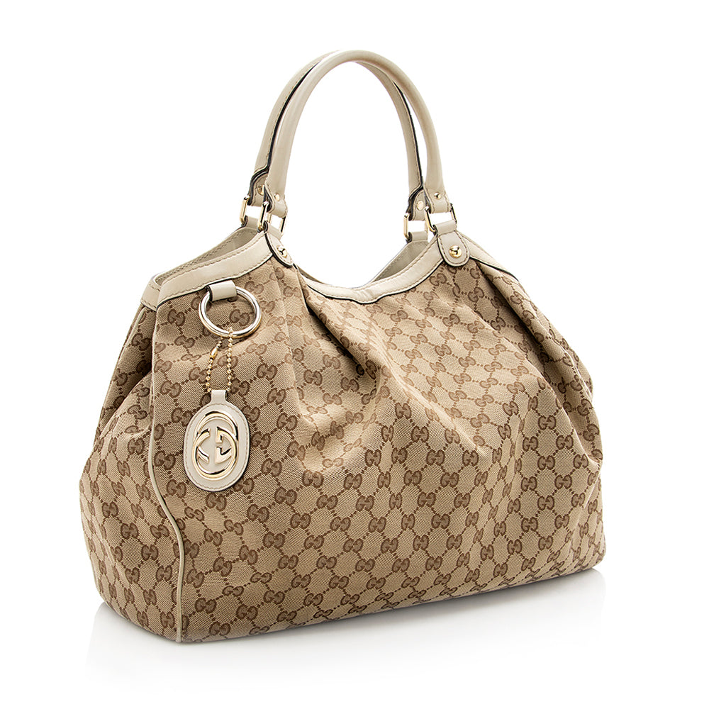 Gucci GG Sukey SHF Leather Canvas White Beige Tote Bag 4