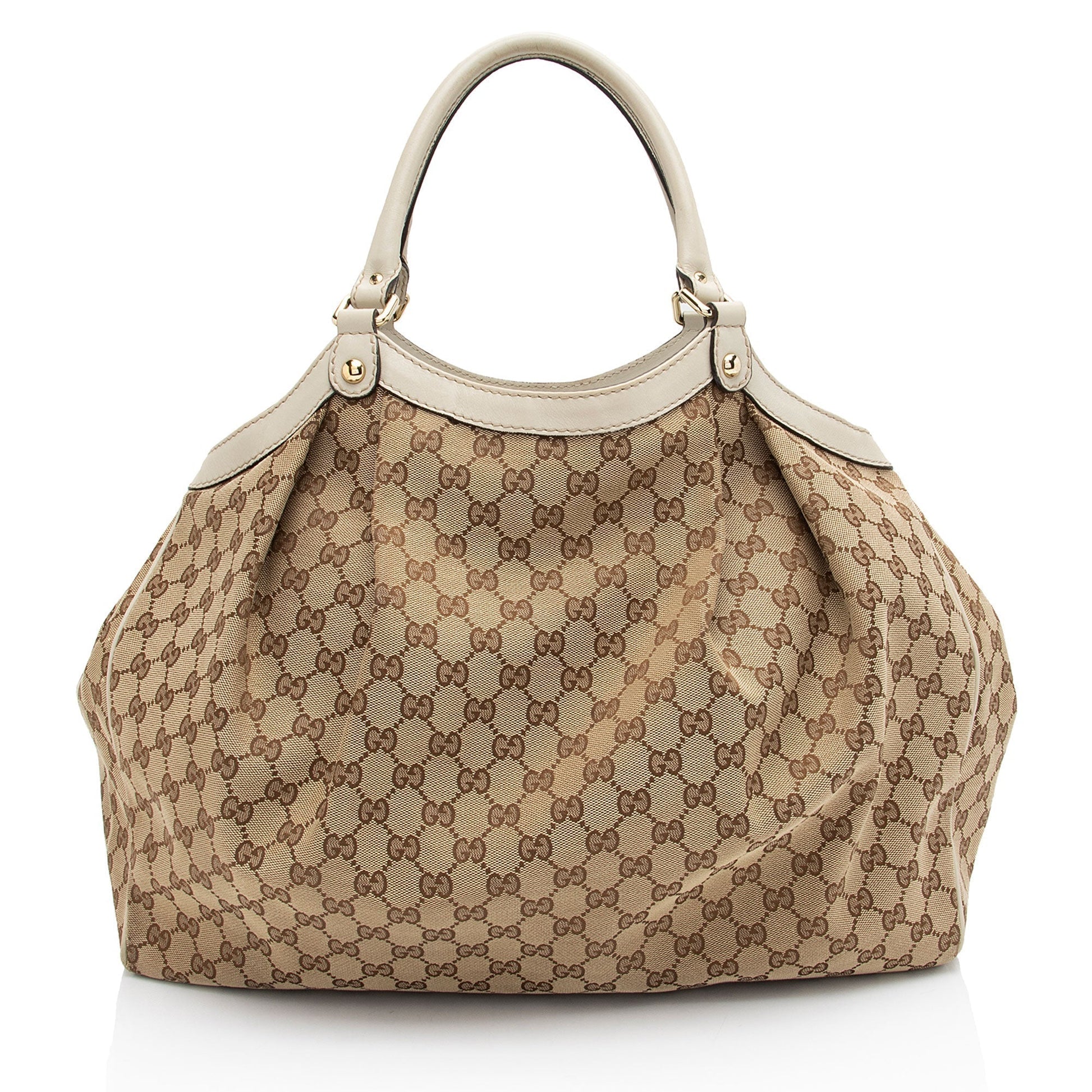 Gucci GG Sukey SHF-A7XQdb Leather Canvas White Beige Tote Bag