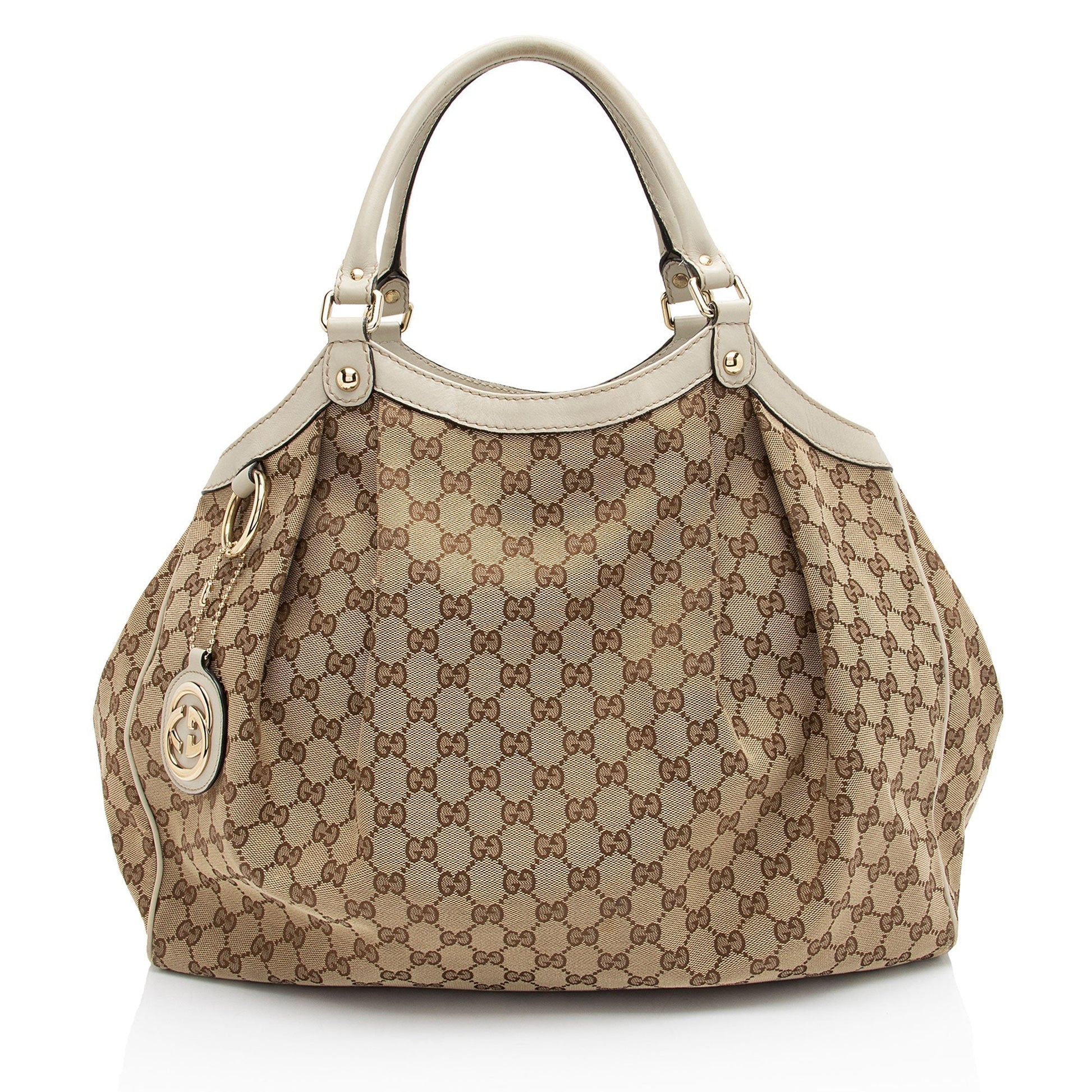Gucci GG Sukey SHF-A7XQdb Leather Canvas White Beige Tote Bag