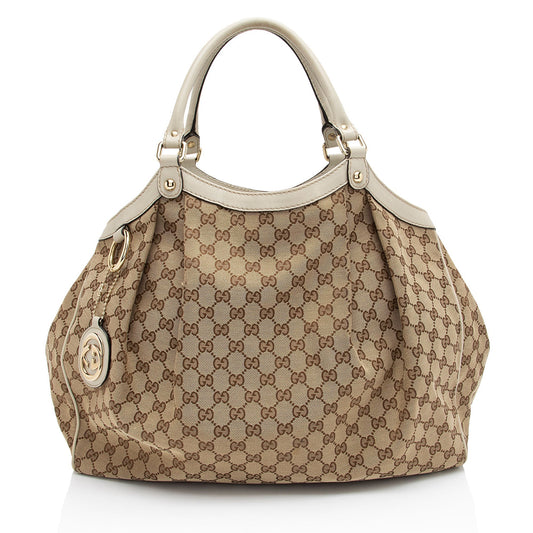 Gucci GG Sukey SHF-A7XQdb Leather Canvas White Beige Tote Bag