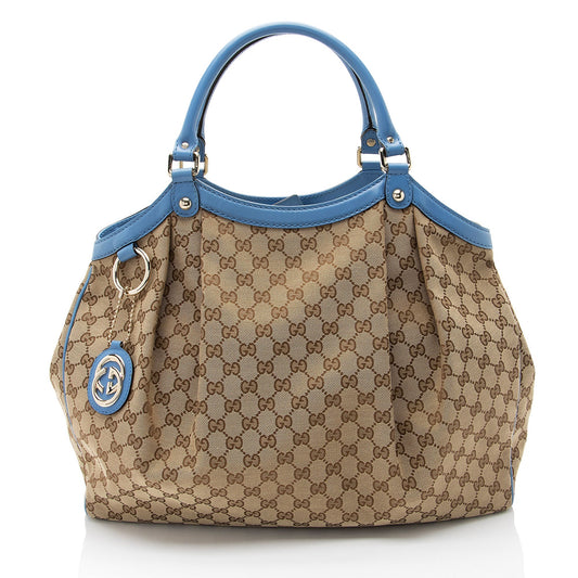 Gucci GG Sukey SHF-U1Nve5 Leather Canvas Brown Blue Tote Bag