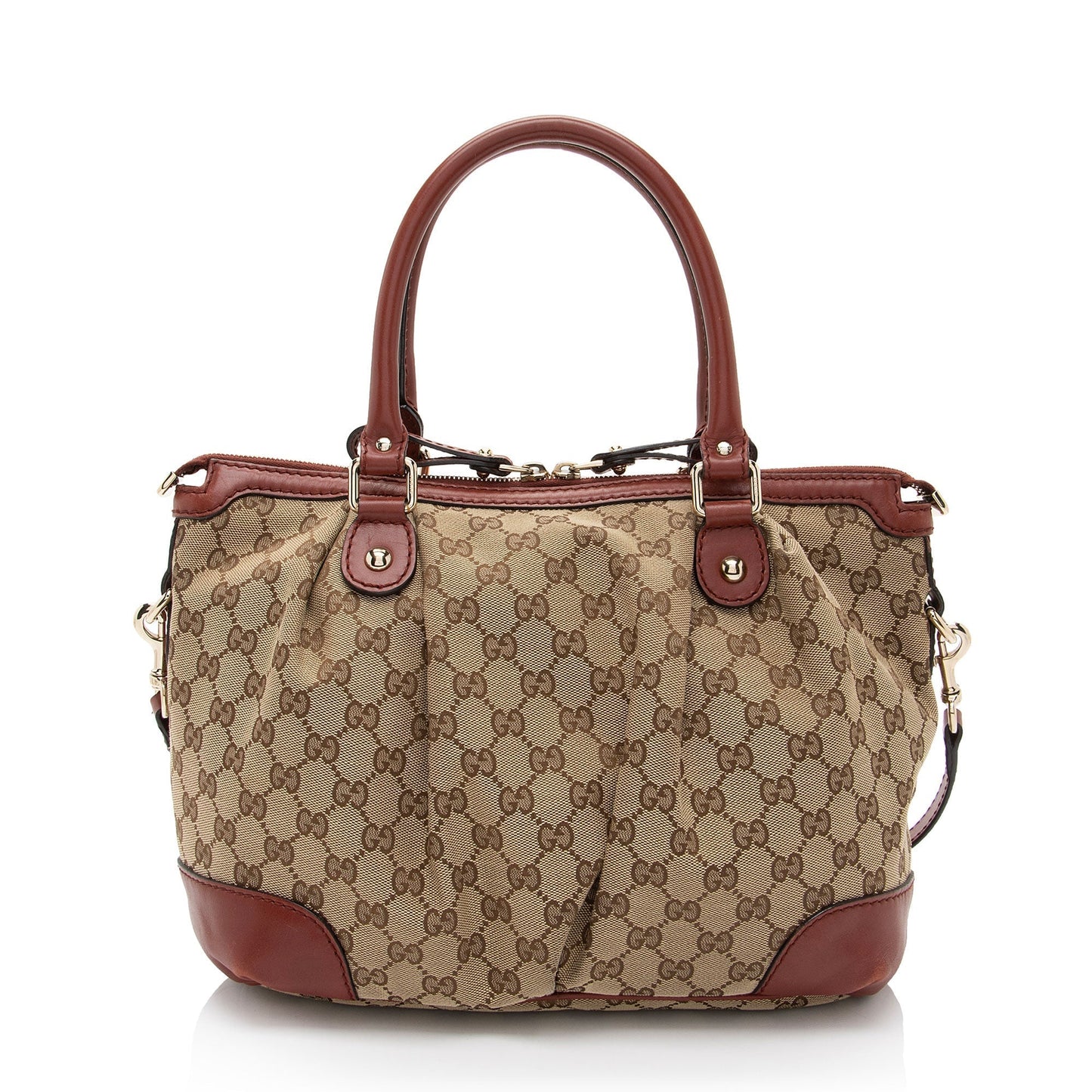 Gucci GG Sukey SHF-GRazNn Leather Canvas Beige Red Satchel Bag