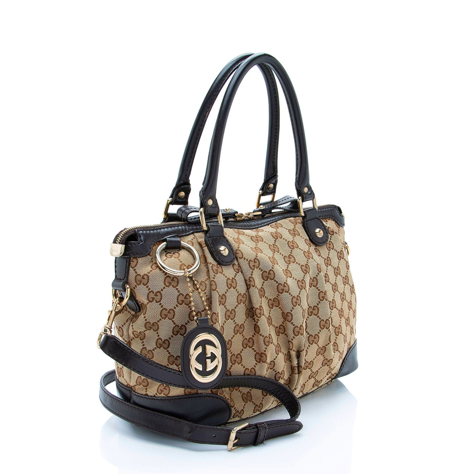 Gucci GG Sukey Leather Canvas Brown Beige Satchel Bag