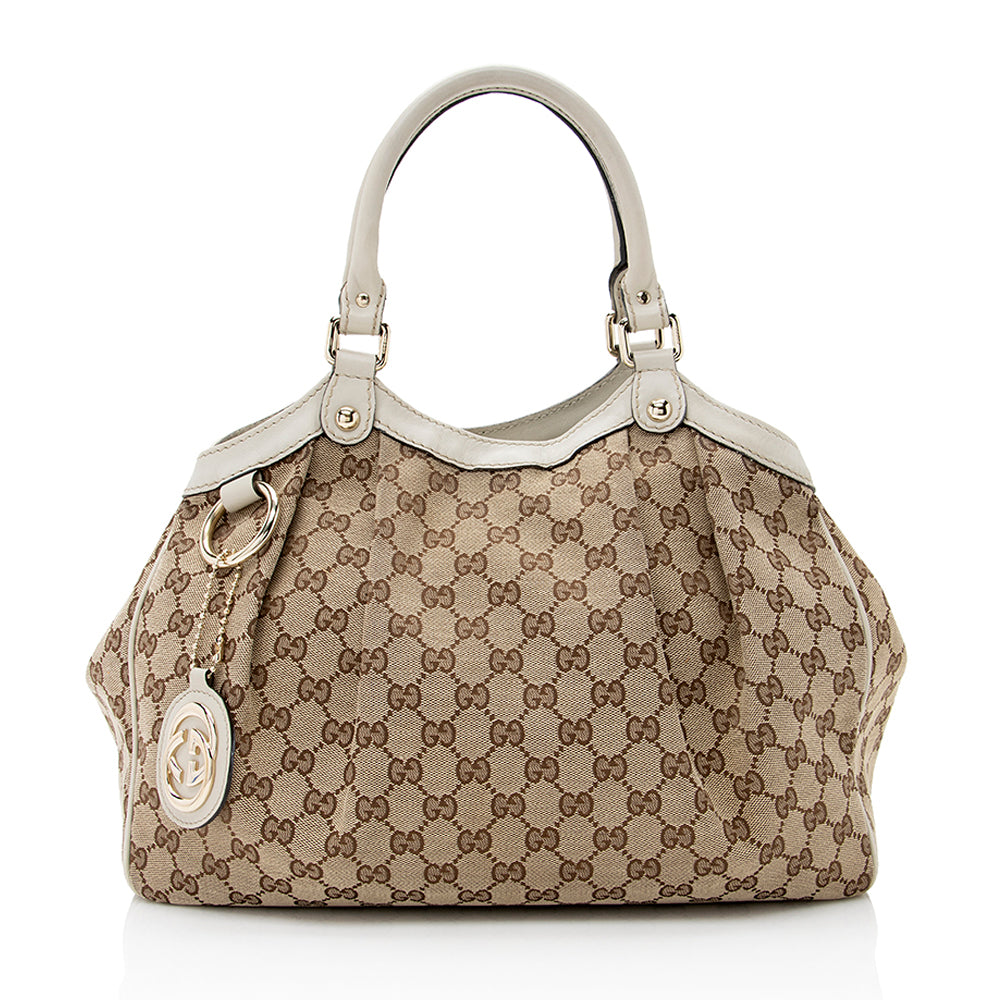 Gucci GG Sukey SHF Leather Canvas White Beige Tote Bag 6
