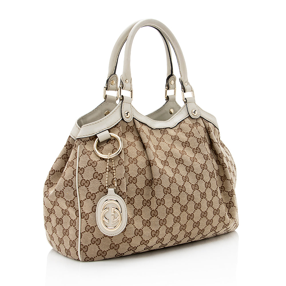 Gucci GG Sukey SHF Leather Canvas White Beige Tote Bag 6