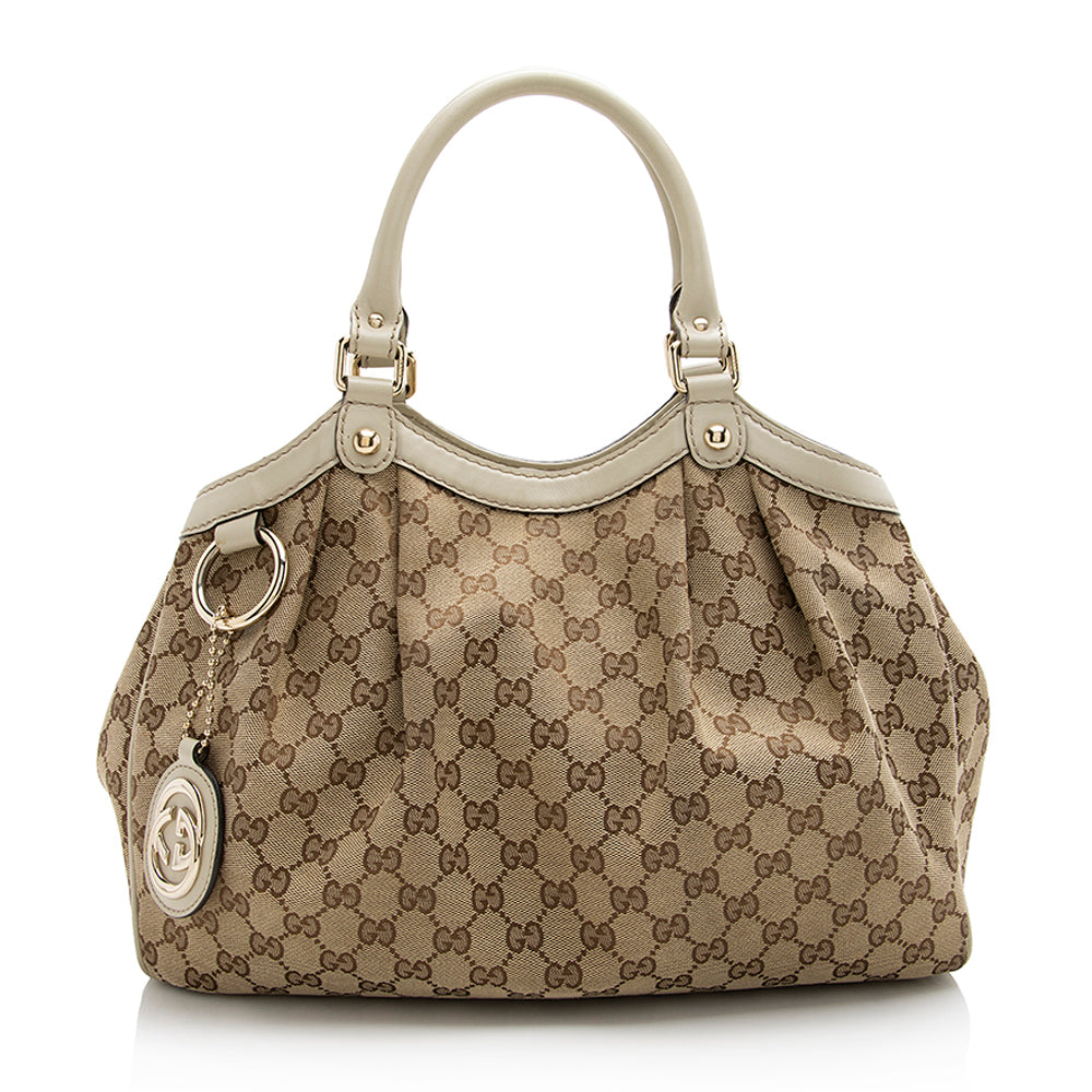Gucci GG Sukey SHF Leather Canvas White Beige Tote Bag