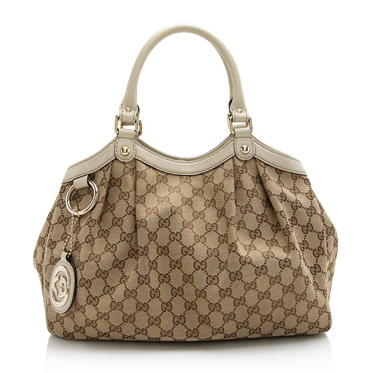 Gucci GG Sukey SHF Leather Canvas White Beige Tote Bag
