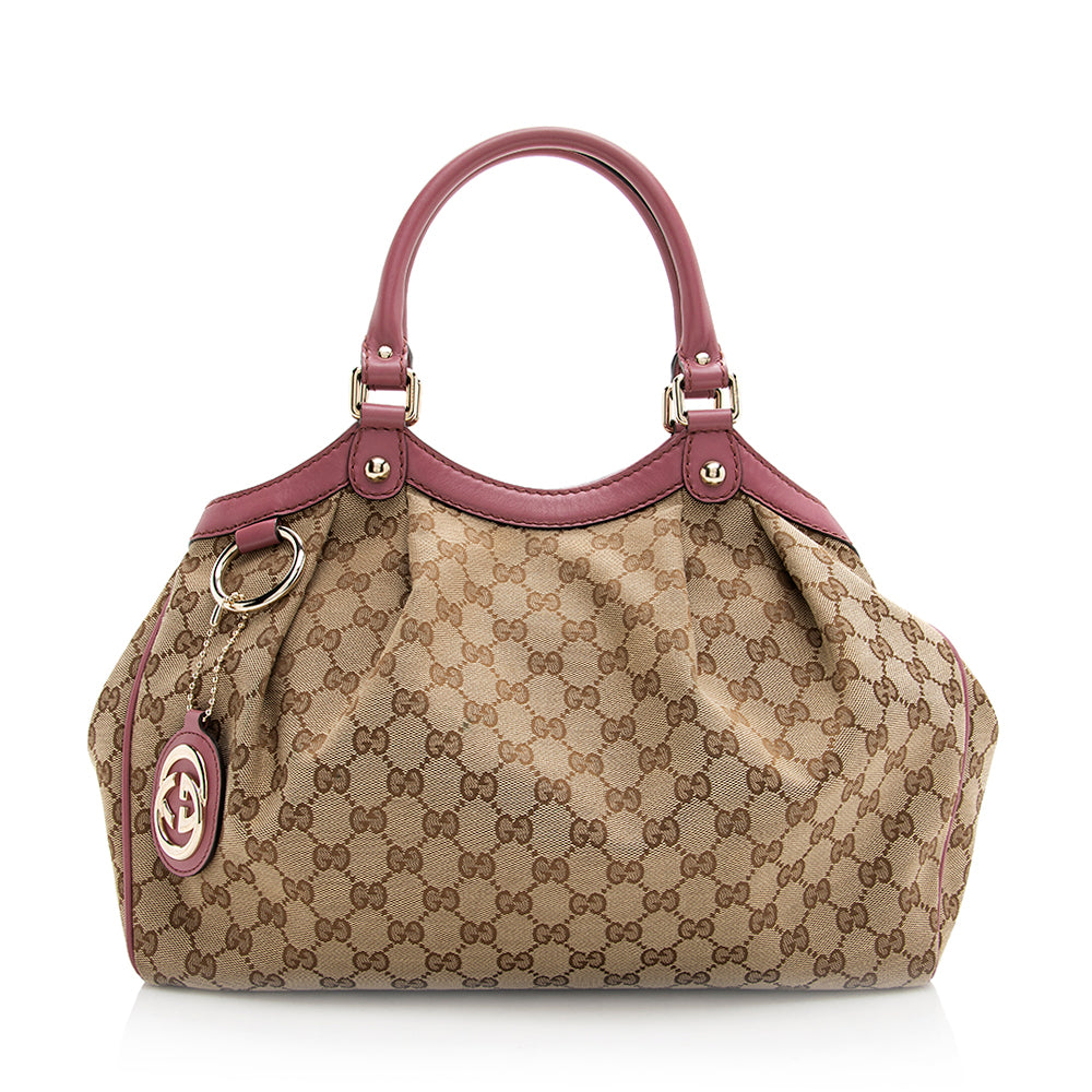 Gucci GG Sukey SHF Leather Canvas Beige Pink Tote Bag