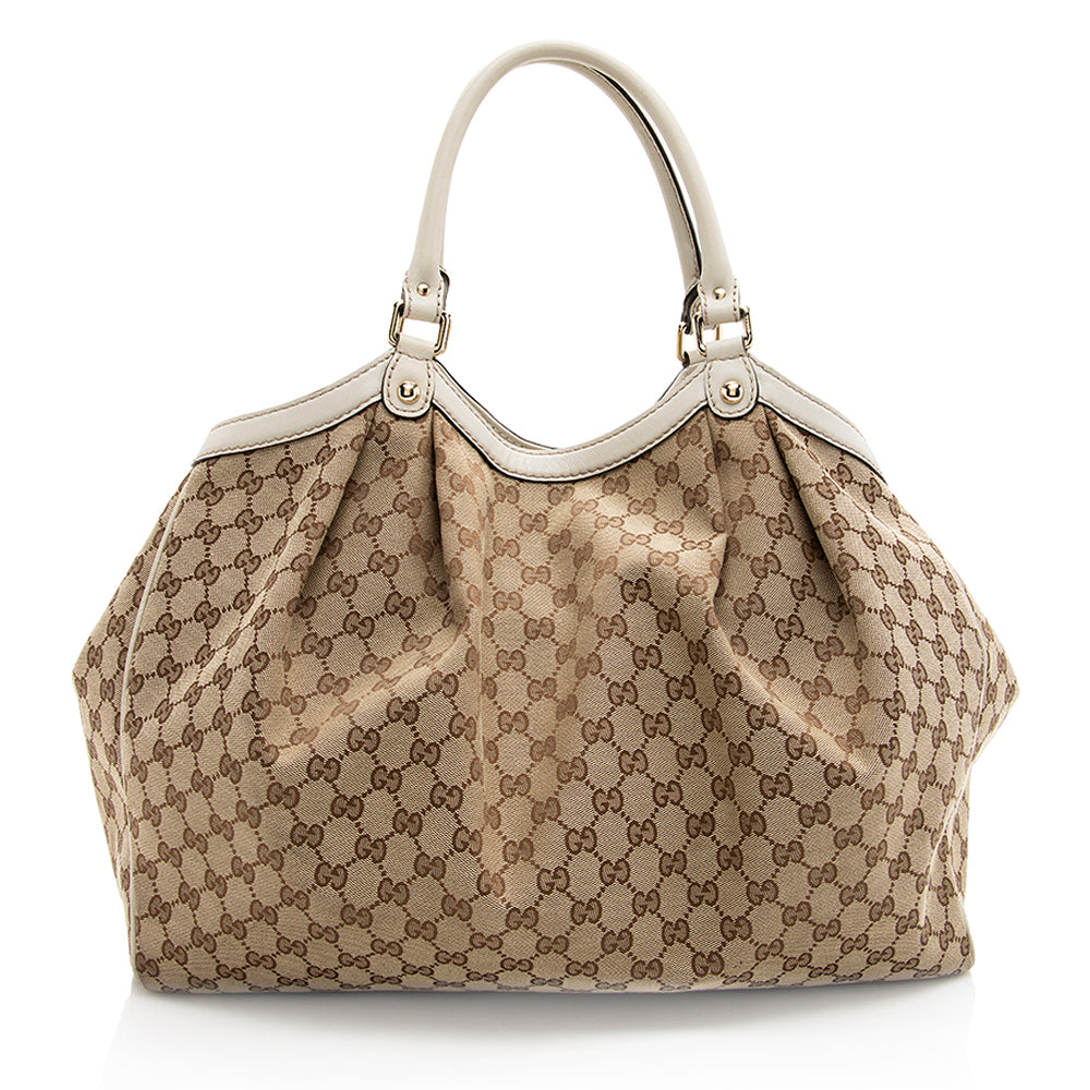 Gucci GG Sukey SHF Leather Canvas White Beige Tote Bag 3
