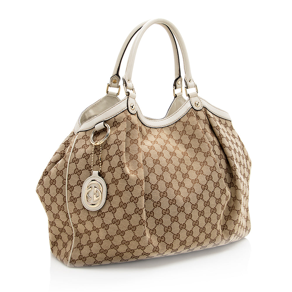 Gucci GG Sukey SHF Leather Canvas White Beige Tote Bag 3