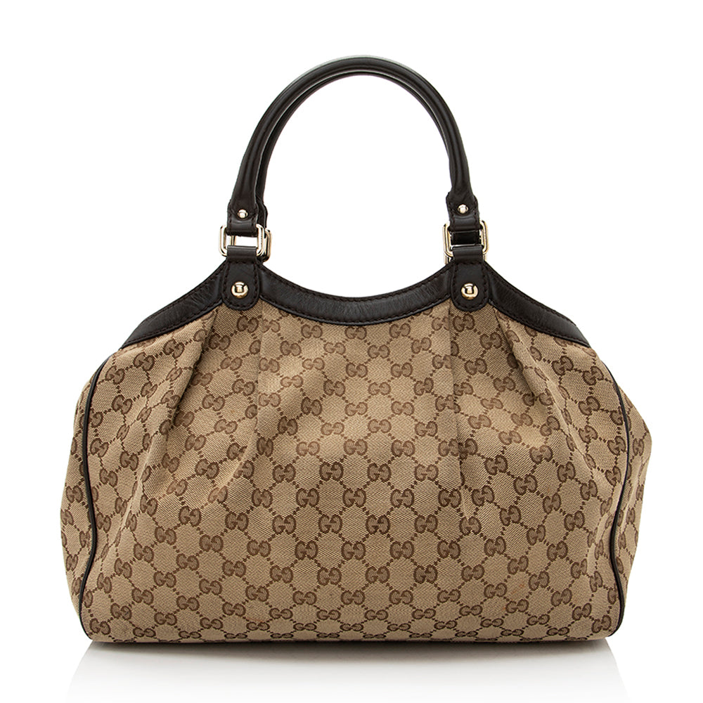 Gucci GG Sukey SHF Leather Canvas Brown Beige Tote Bag