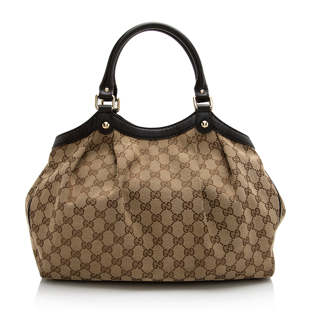 Gucci GG Sukey SHF Leather Canvas Brown Beige Tote Bag Tote Shf