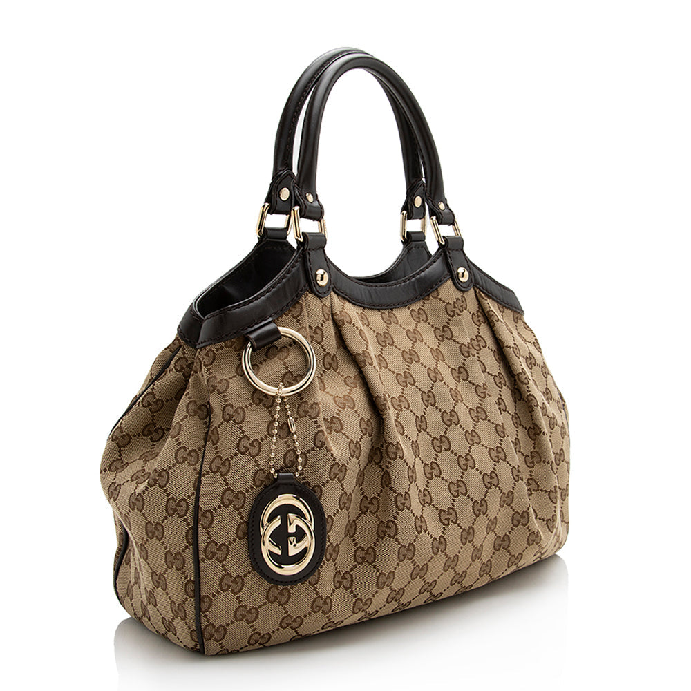 Gucci GG Sukey SHF Leather Canvas Brown Beige Tote Bag Tote Shf