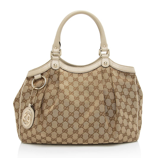 Gucci GG Sukey SHF-Iw4uaP Leather Canvas Beige Medium Tote Bag