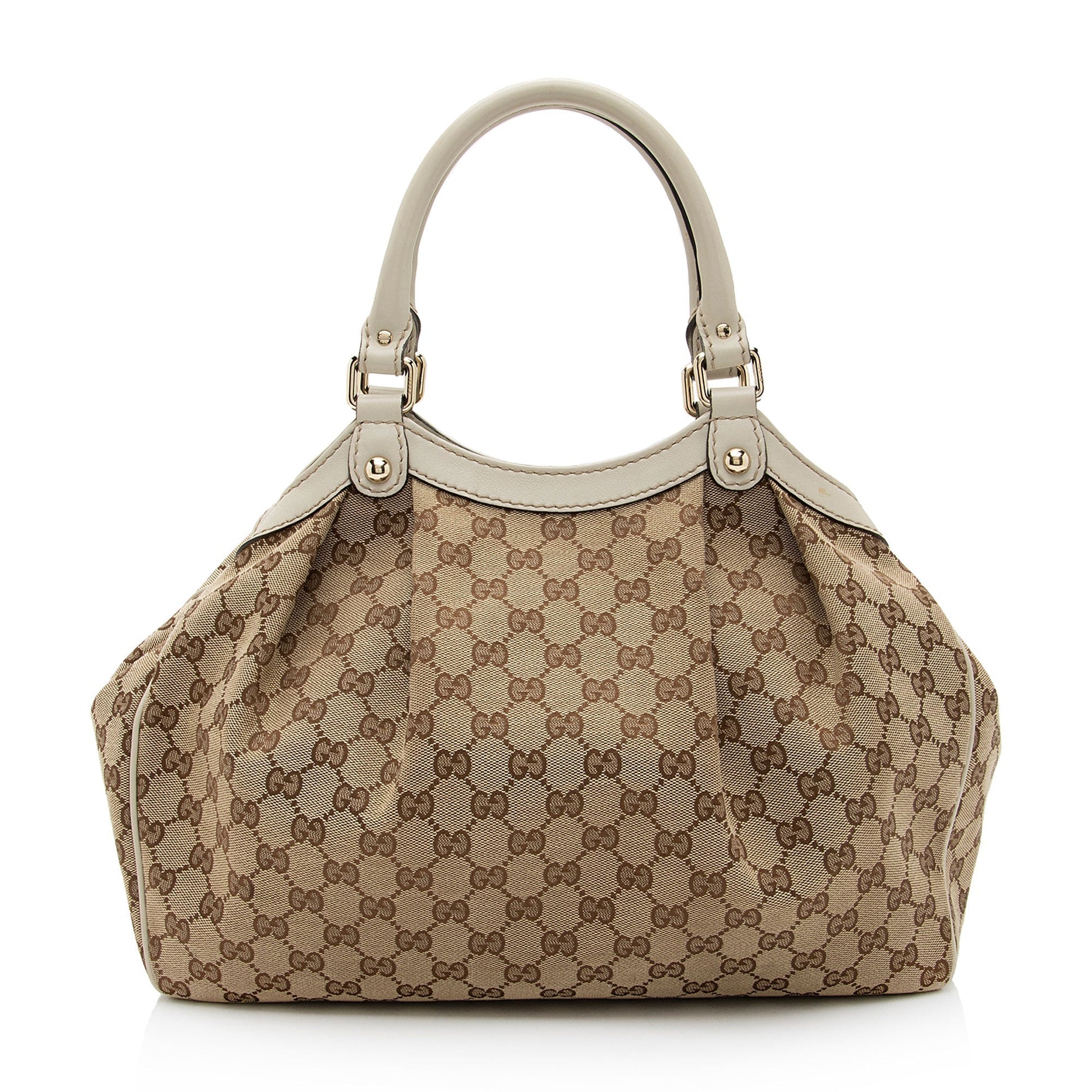 Gucci GG Sukey SHF-3eaLnU Leather Canvas White Brown Tote Bag
