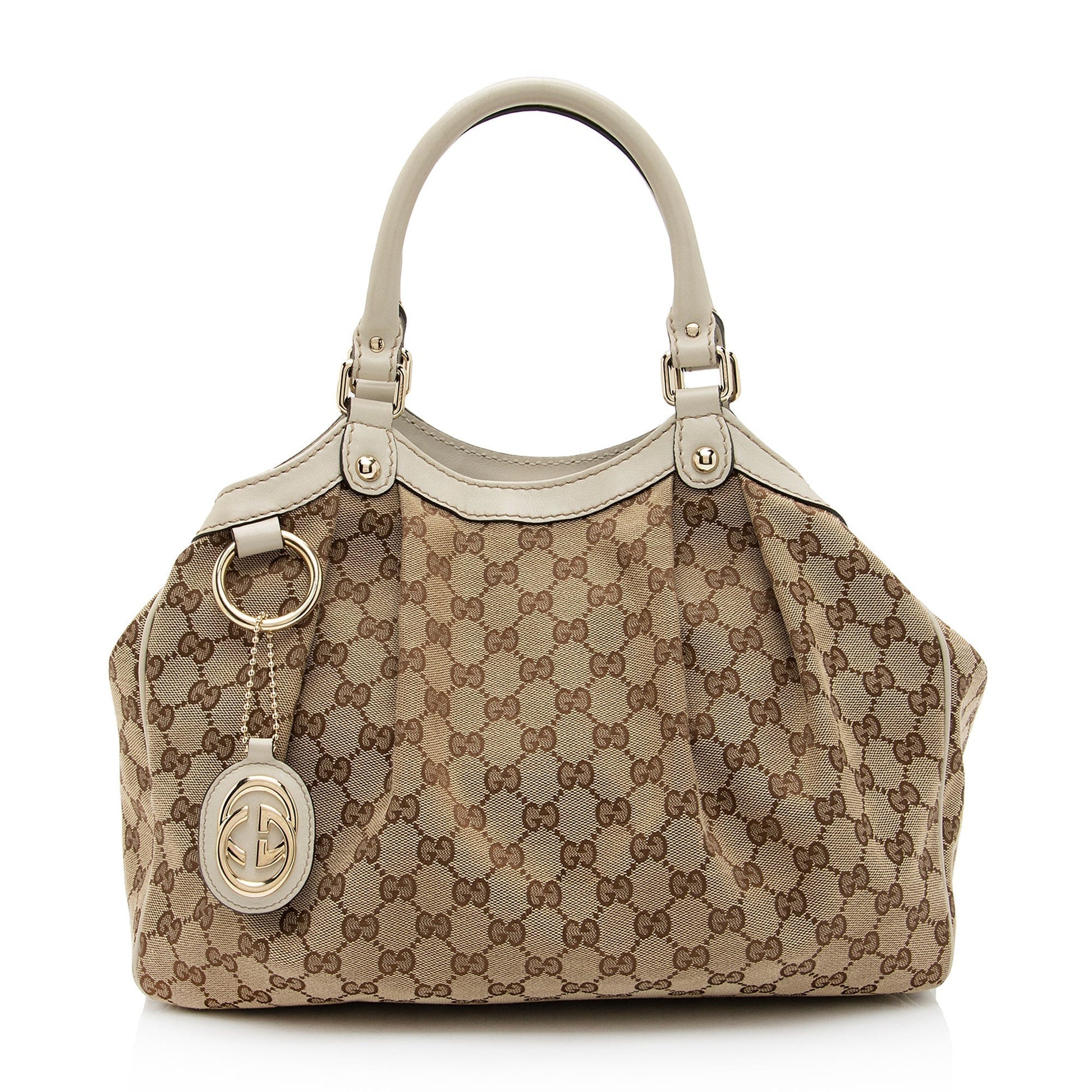 Gucci GG Sukey SHF-3eaLnU Leather Canvas White Brown Tote Bag