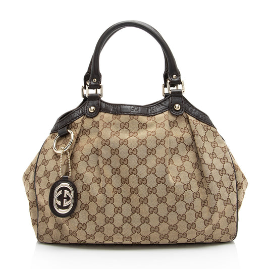 Gucci GG Sukey SHF-c4aPQz Leather Canvas Brown Beige Tote Bag