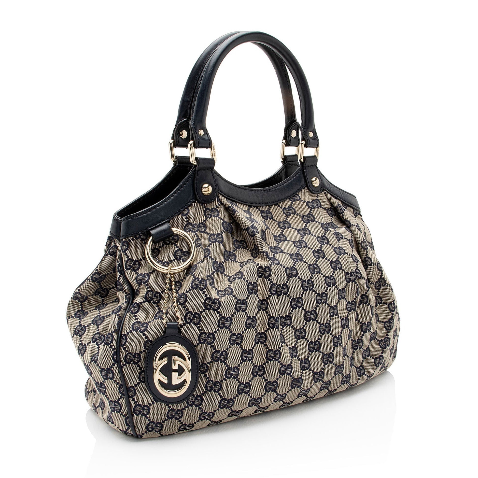 Gucci GG Sukey SHF-Bw59AB Leather Canvas Beige Blue Tote Bag