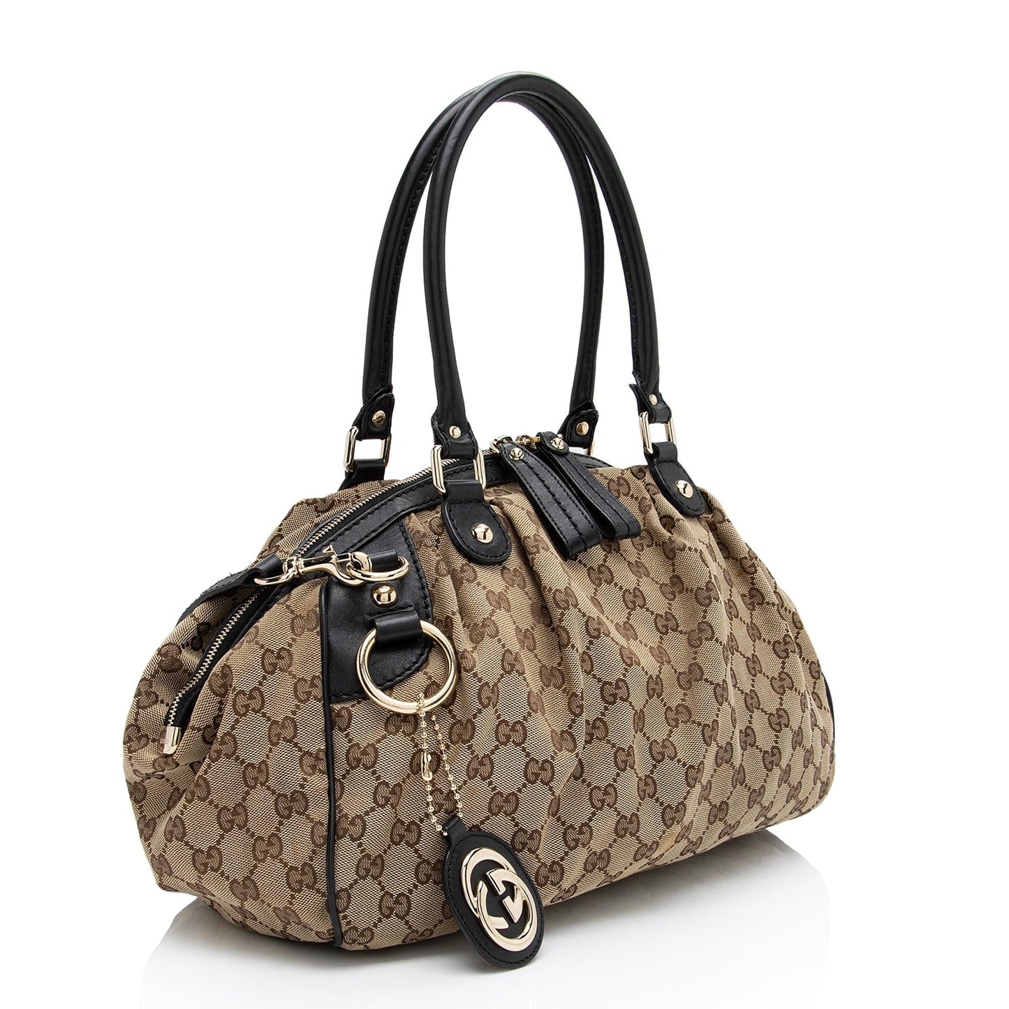 Gucci GG Sukey SHF-MbcWBL Leather Canvas Black Beige Satchel Bag