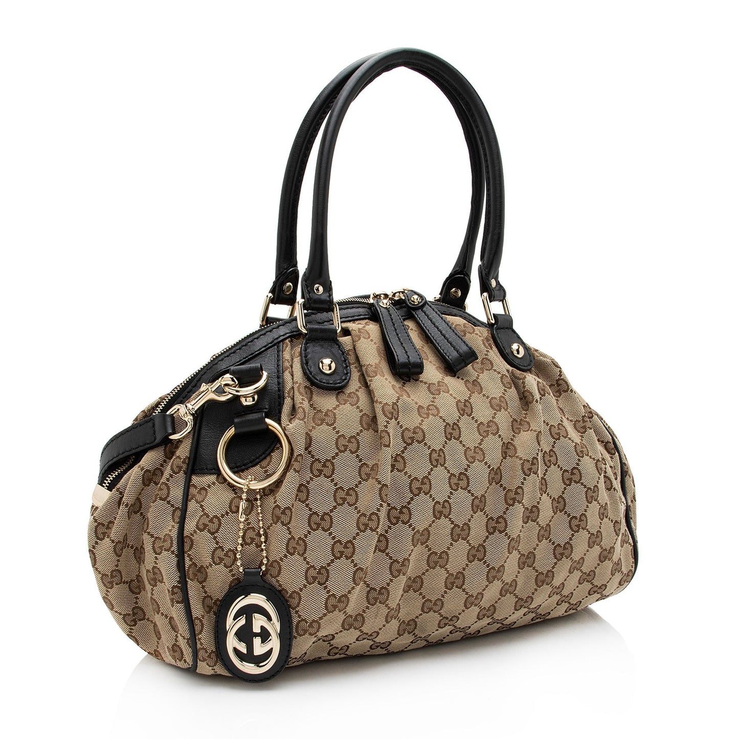 Gucci GG Sukey SHF-sH4xON Leather Canvas Black Beige Satchel Bag