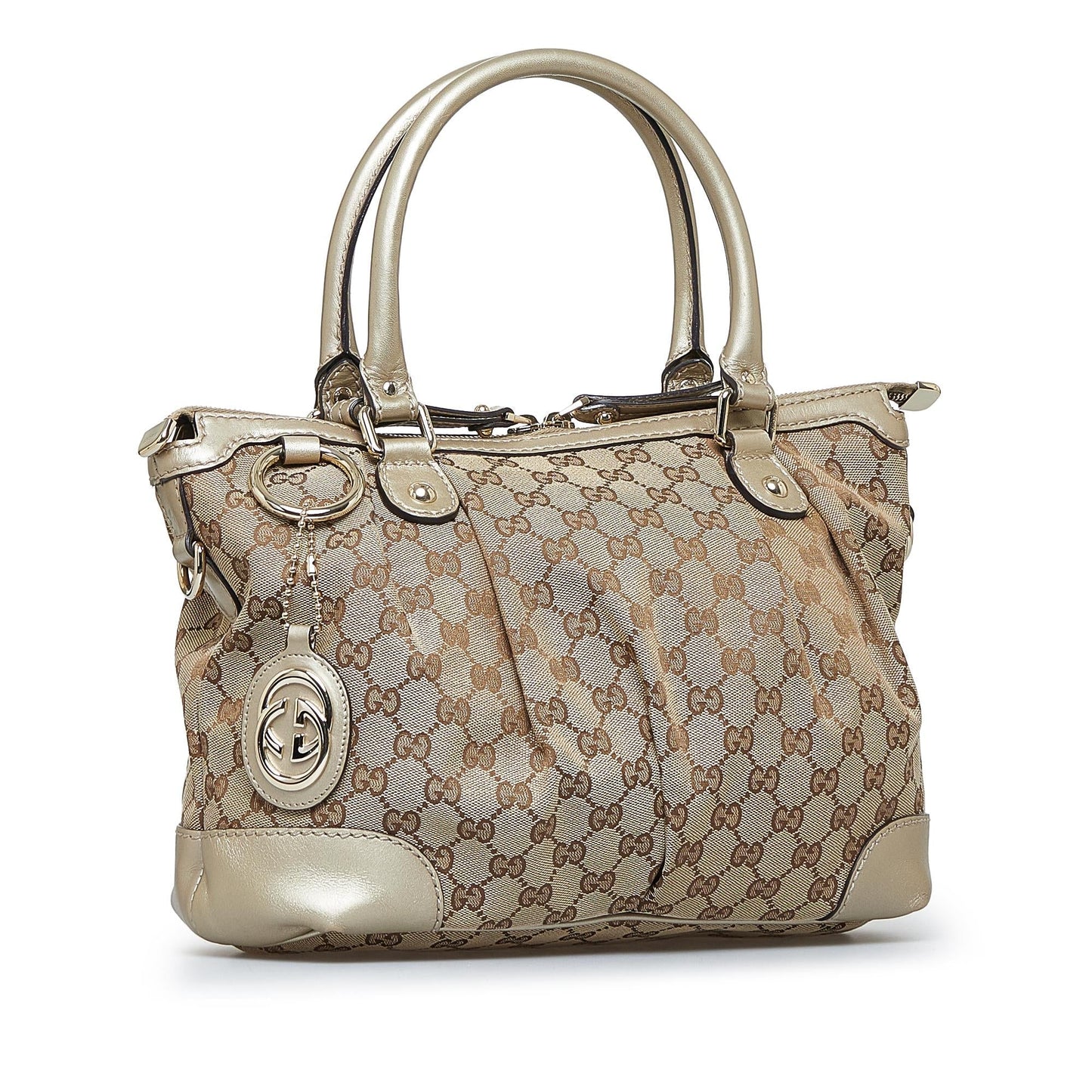 Gucci GG Sukey SHG-Qp9hPO Canvas Calf Brown Gold Satchel Bag