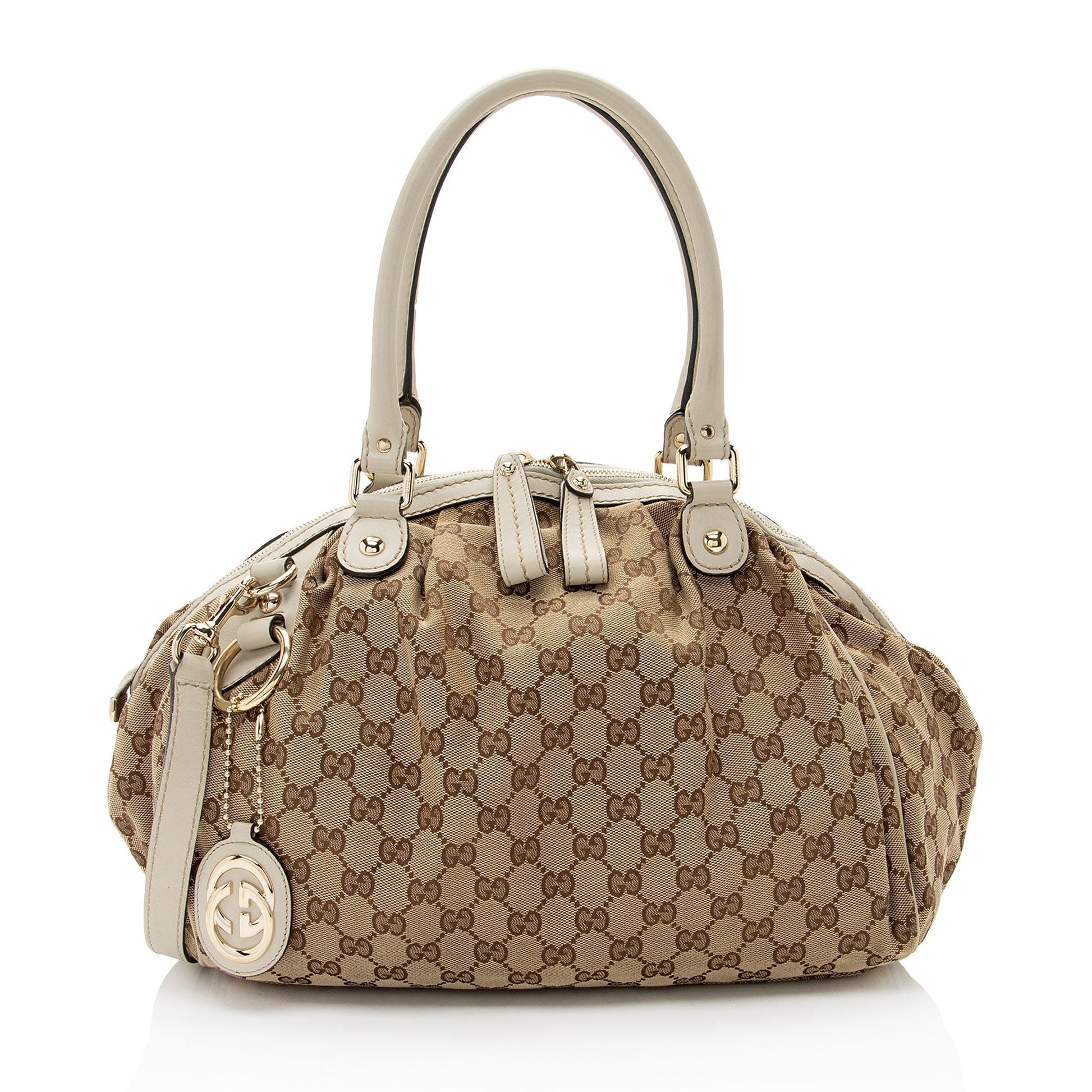 Gucci GG Sukey SHF-sAq51n Leather Canvas White Beige Satchel Bag