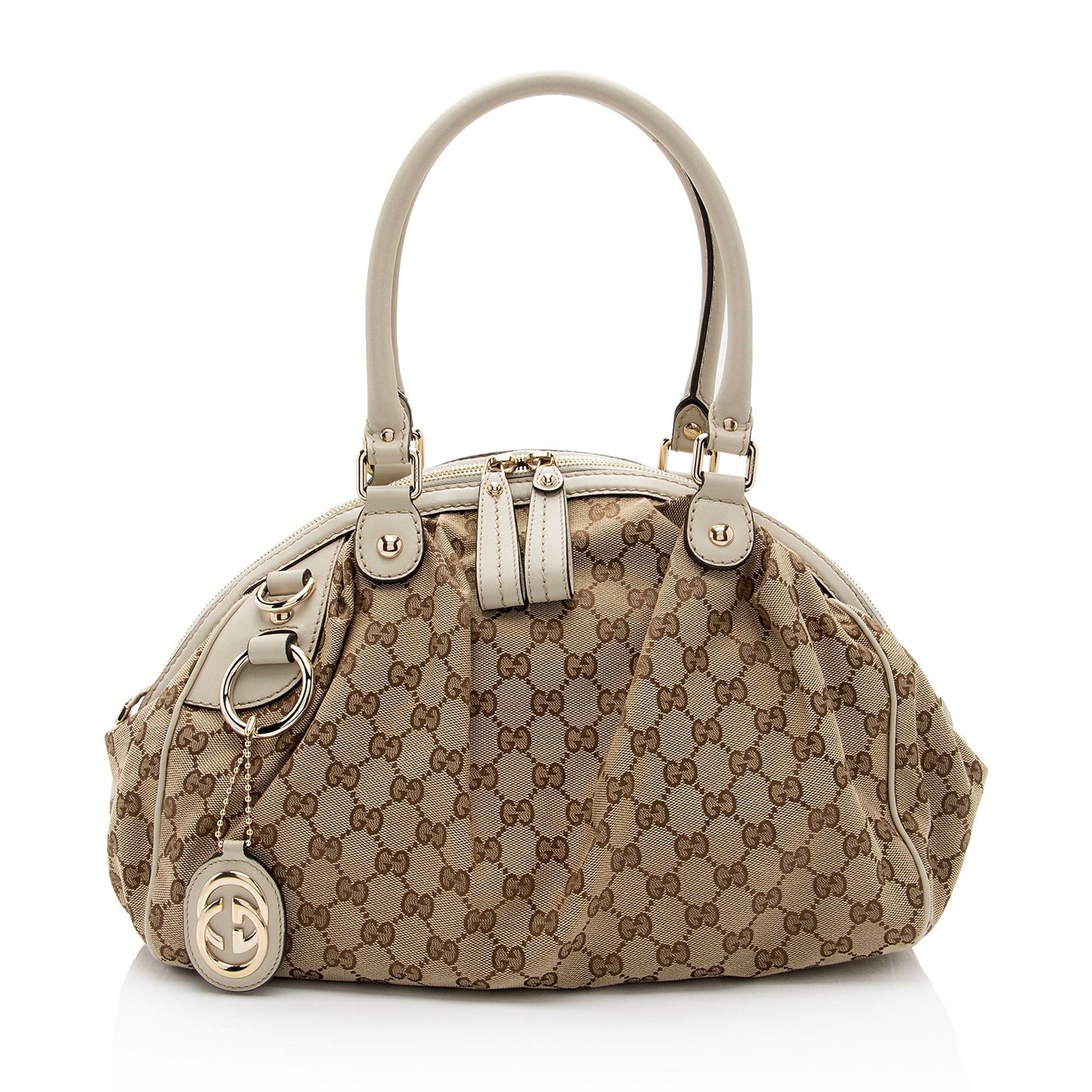 Gucci GG Sukey SHF-SQFOq5 Leather Canvas White Beige Satchel Bag
