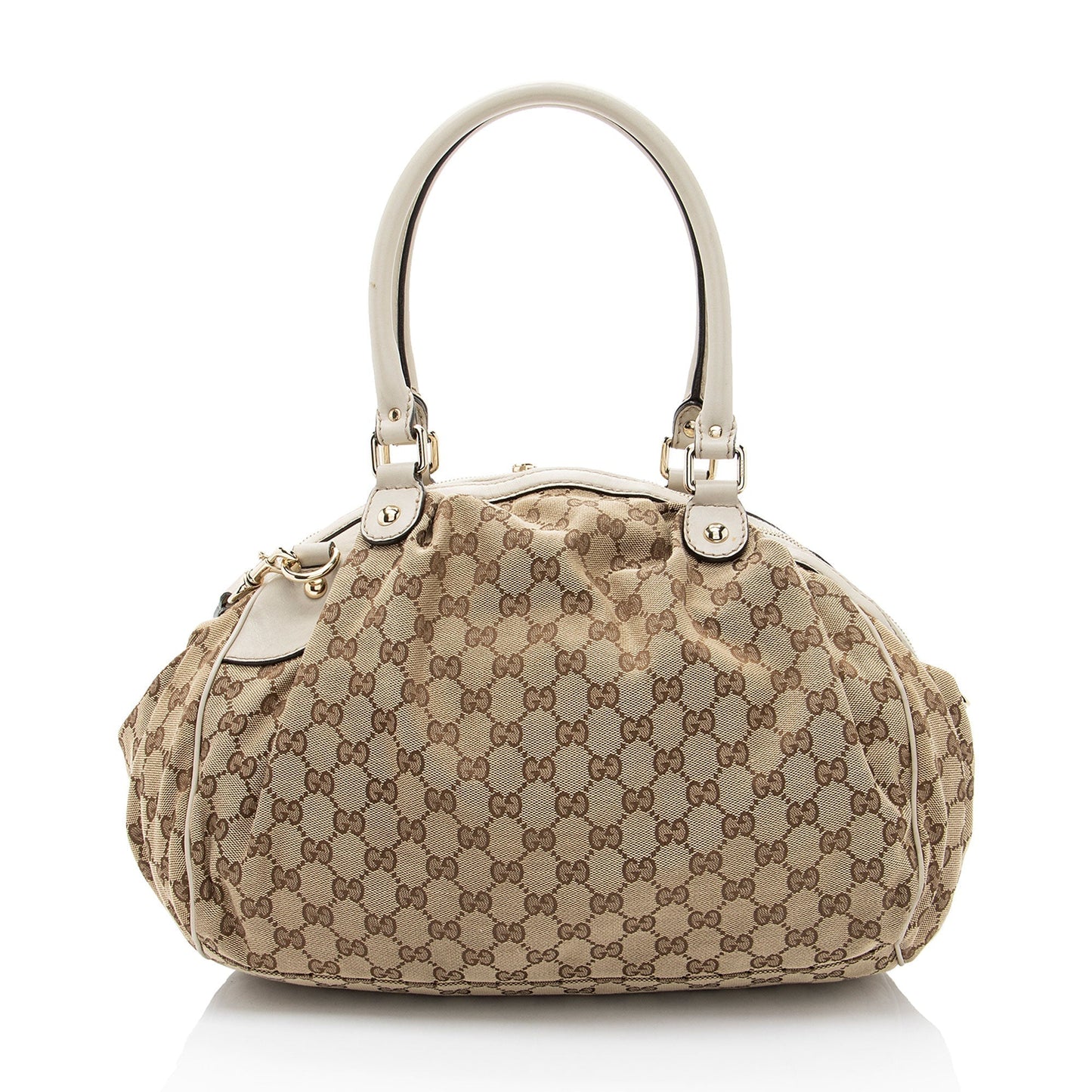 Gucci GG Sukey Leather Canvas White Brown Satchel Bag