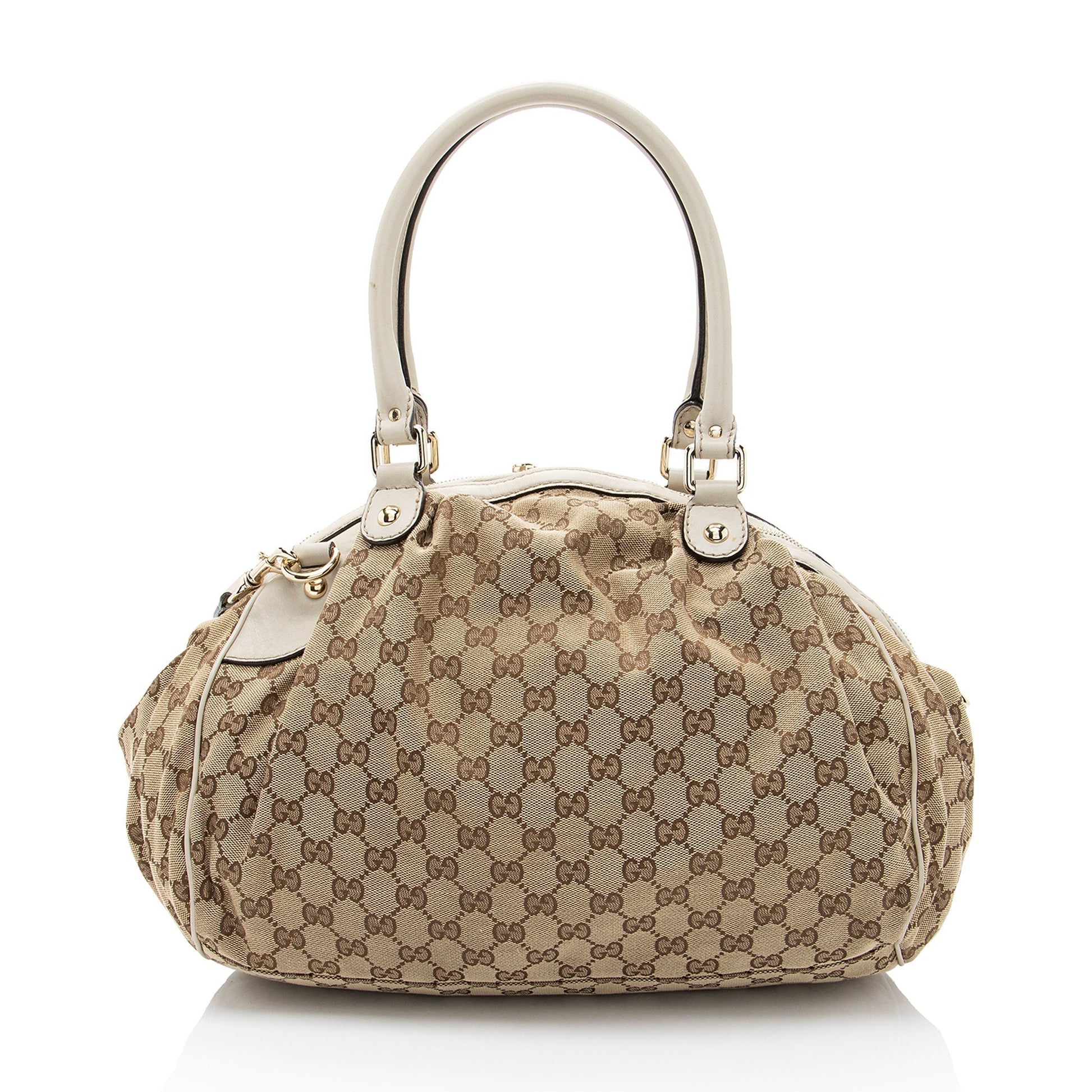 Gucci GG Sukey Leather Canvas White Brown Satchel Bag