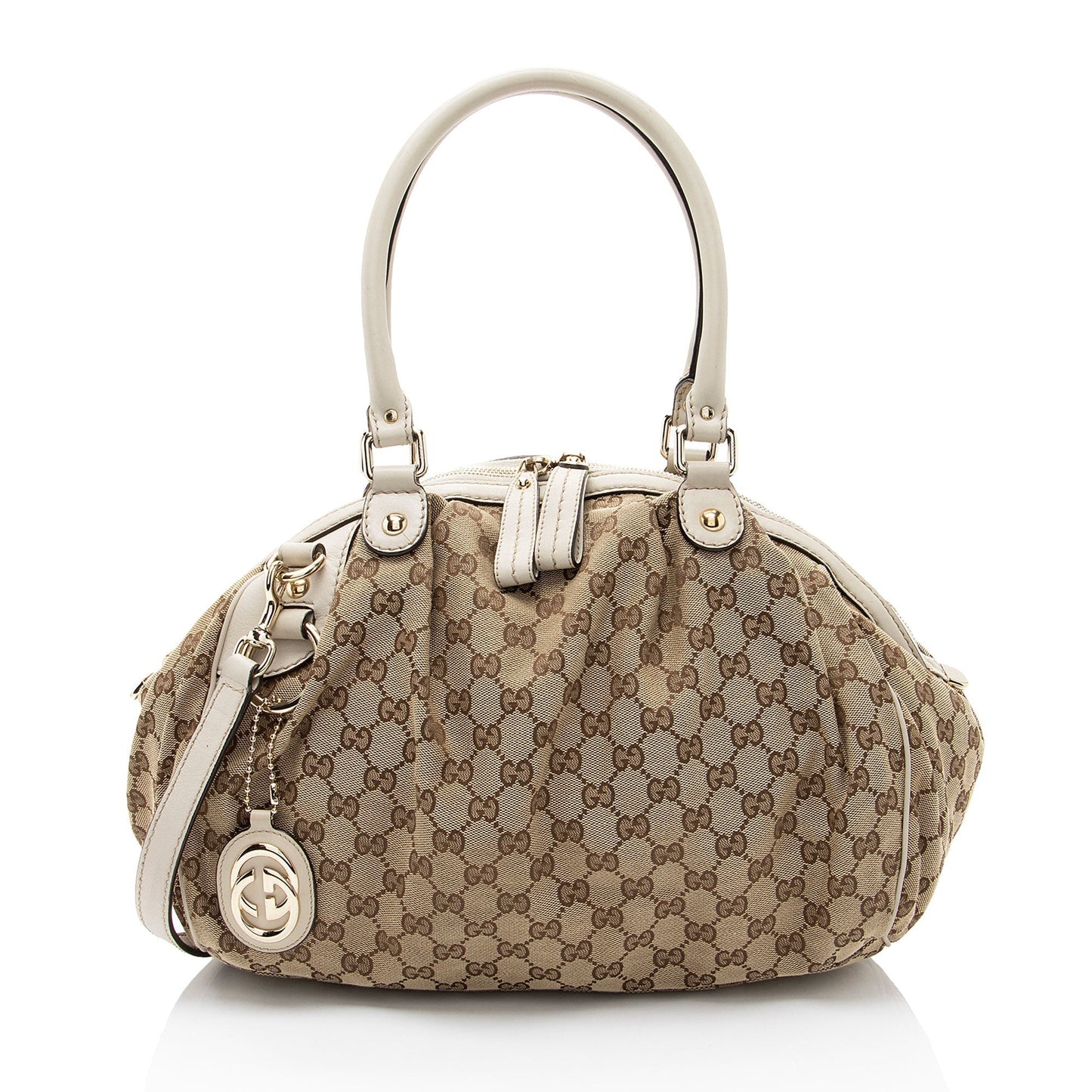 Gucci GG Sukey Leather Canvas White Brown Satchel Bag