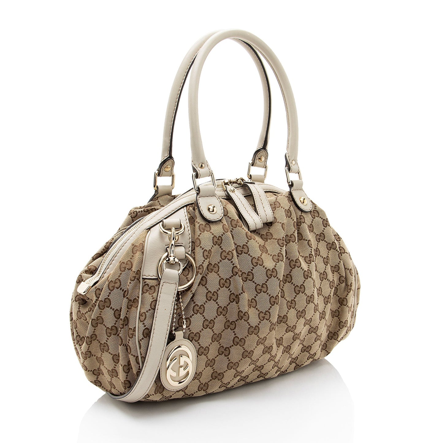 Gucci GG Sukey Leather Canvas White Brown Satchel Bag