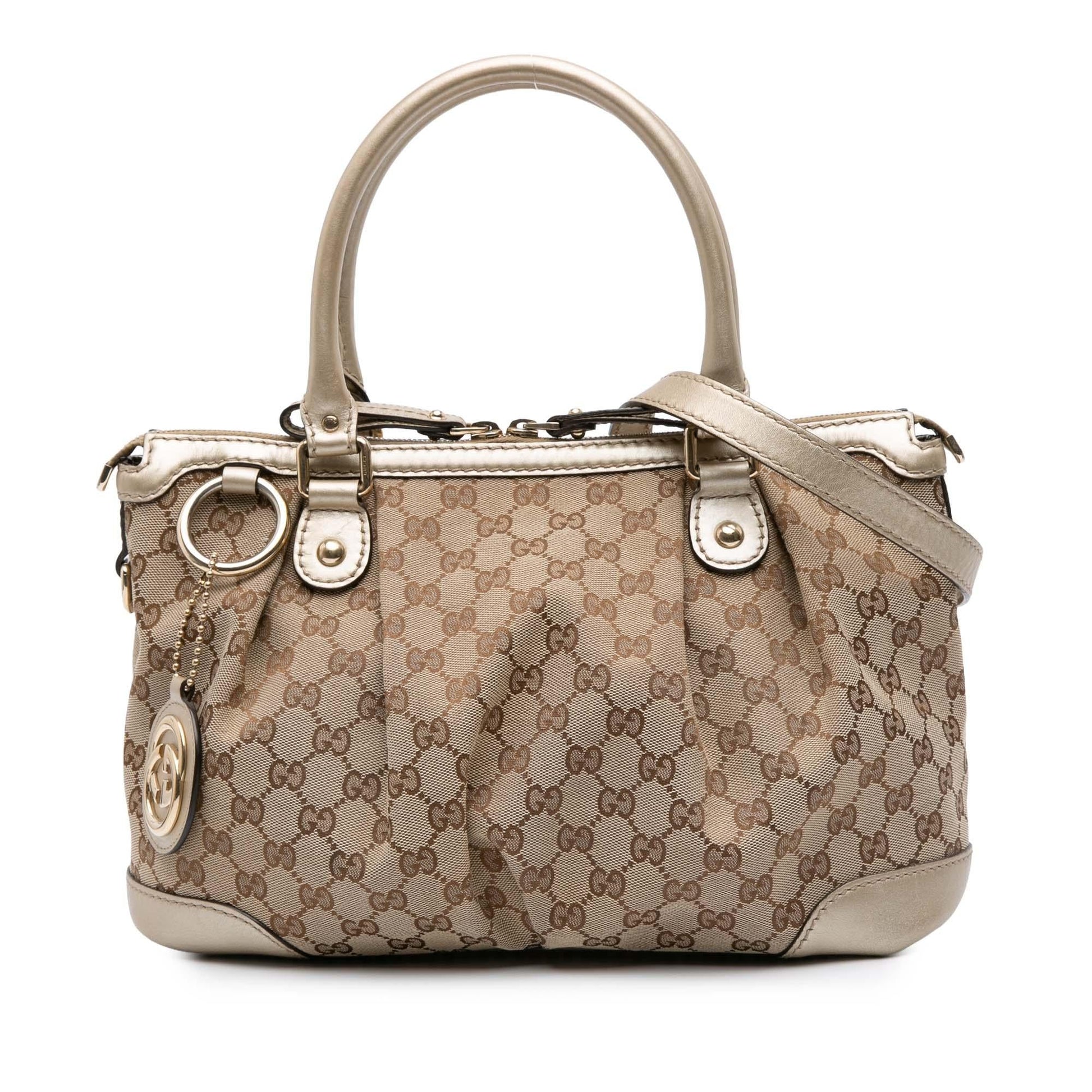 Gucci GG Sukey Canvas Calf Brown Gold Satchel Bag