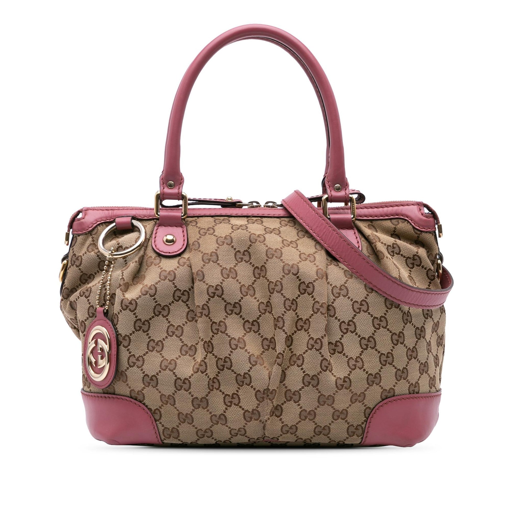 Gucci GG Sukey Canvas Calf Brown Pink Satchel Bag
