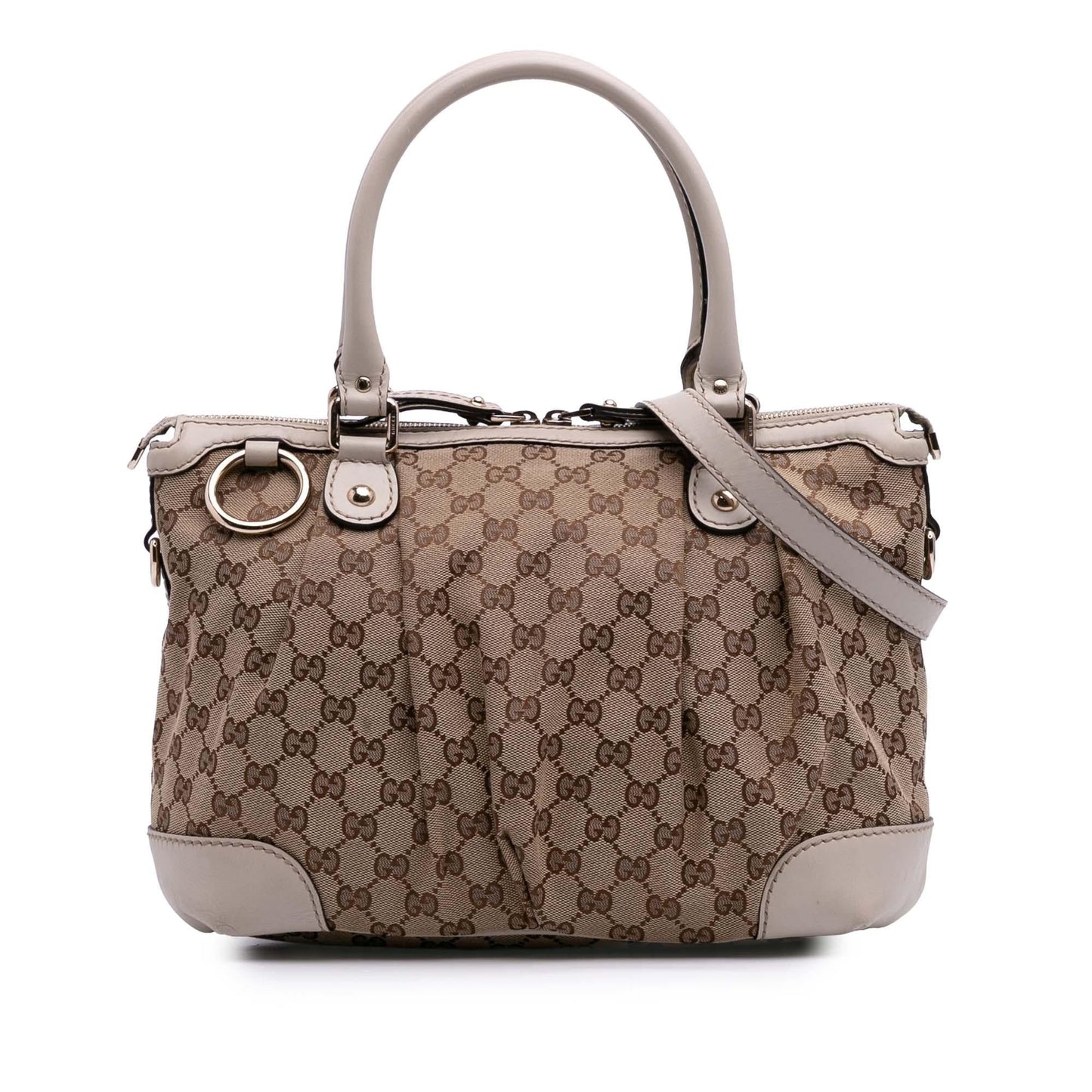 Gucci GG Sukey Canvas Calf White Brown Satchel Bag