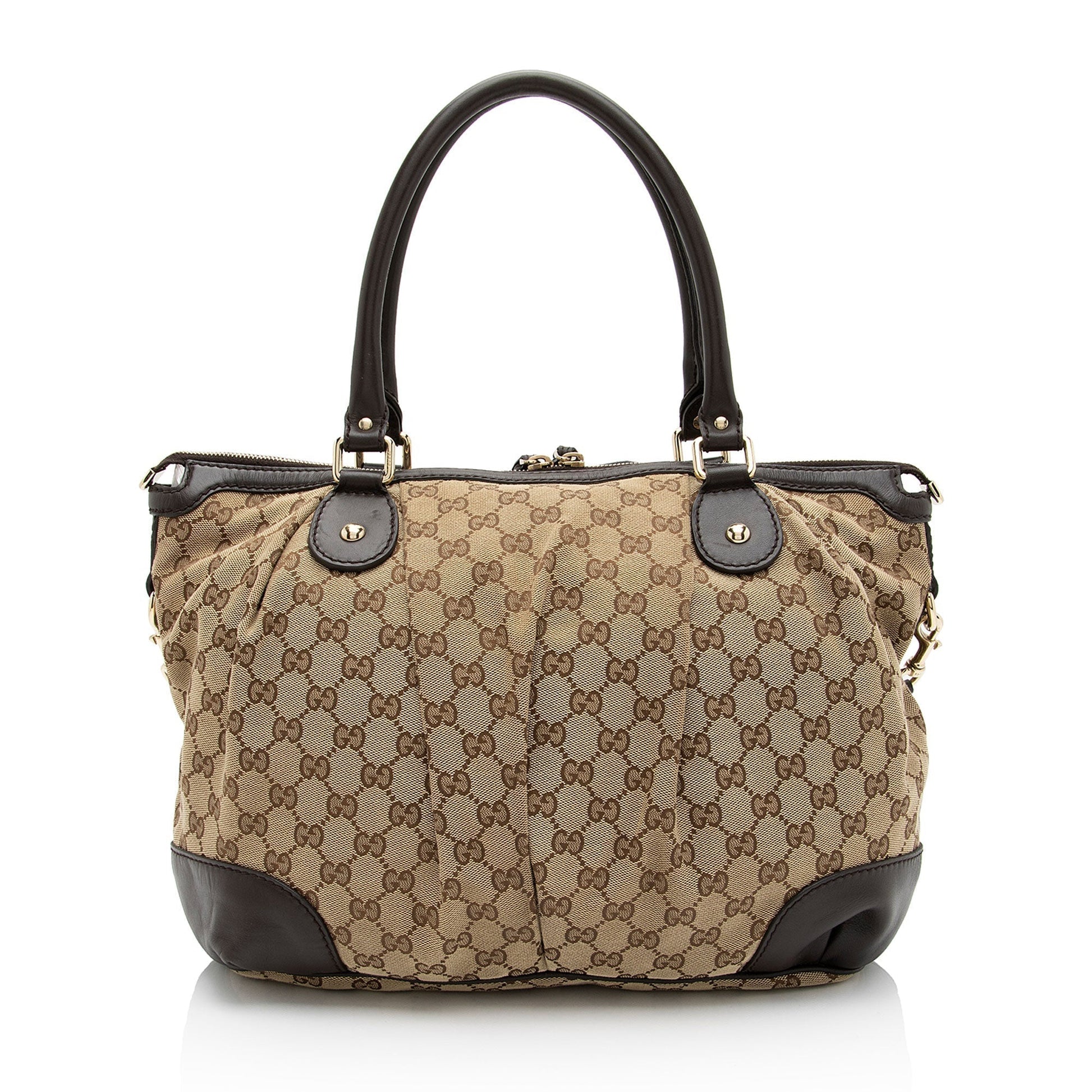 Gucci GG Sukey Top Handle SHF-UQfjnb Leather Canvas Brown Beige Satchel Bag