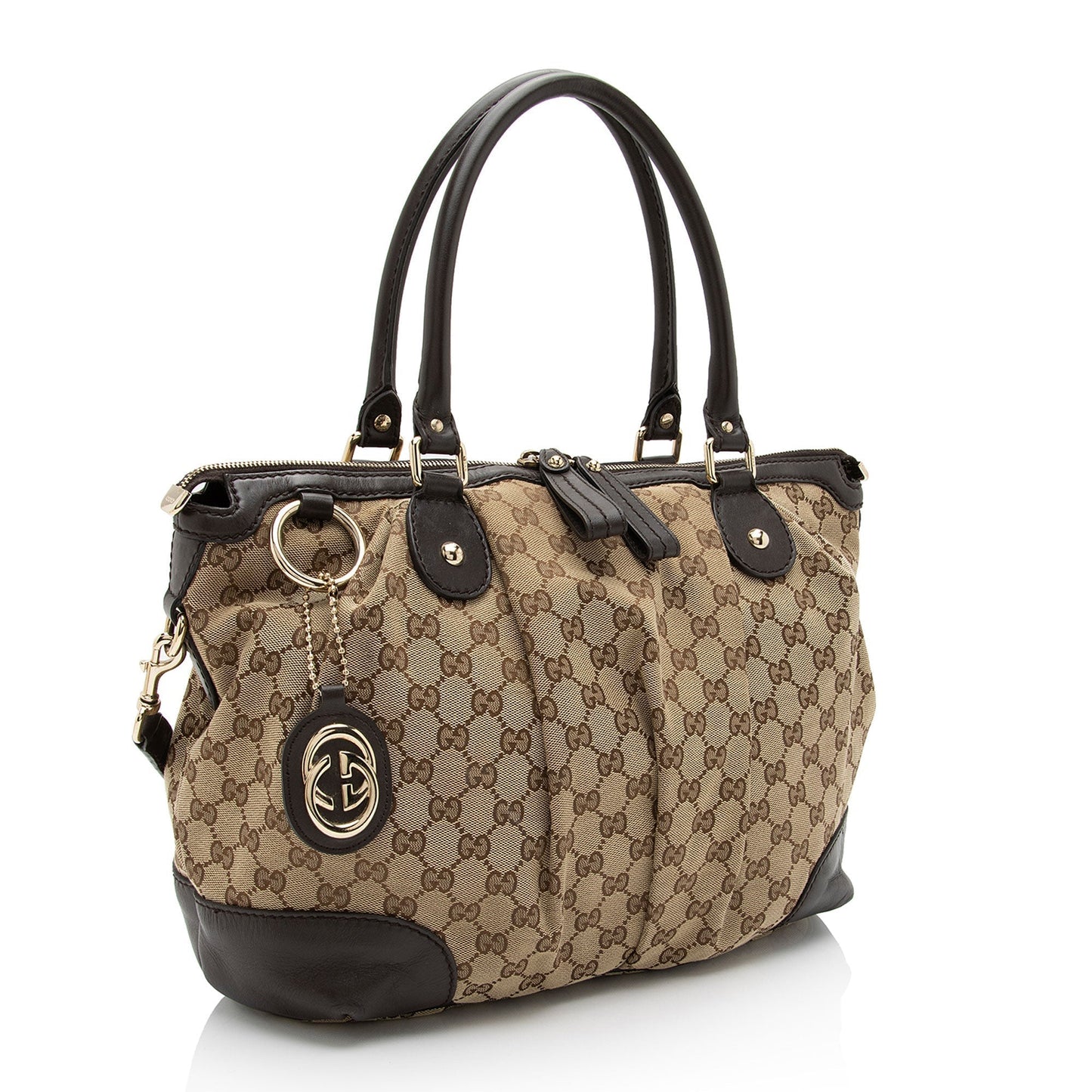Gucci GG Sukey Top Handle SHF-UQfjnb Leather Canvas Brown Beige Satchel Bag