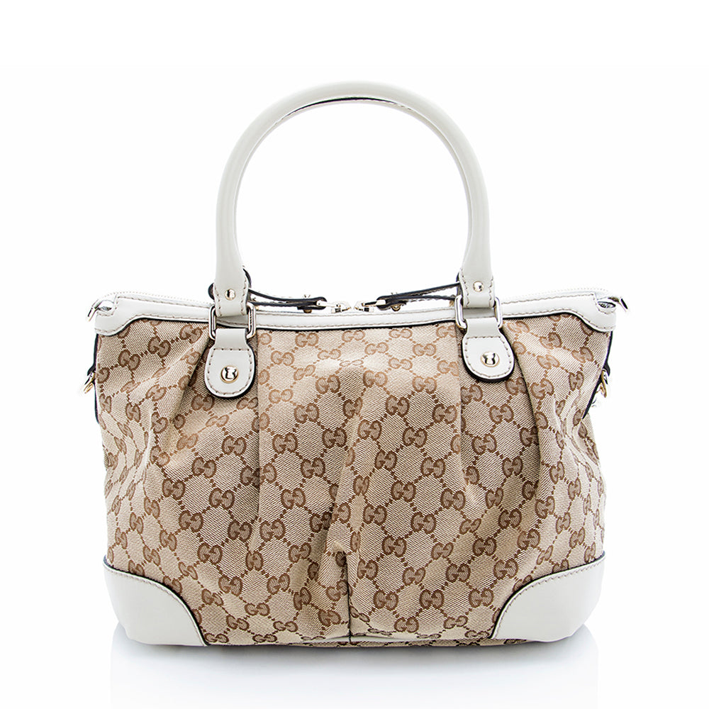 Gucci GG Sukey Top Handle SHF Leather Canvas Beige Medium Satchel Bag