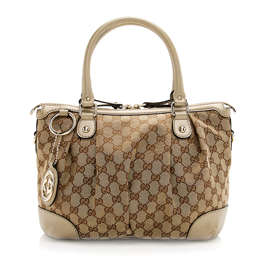 Gucci GG Sukey Top Handle SHF Leather Canvas Beige Gold Satchel Bag