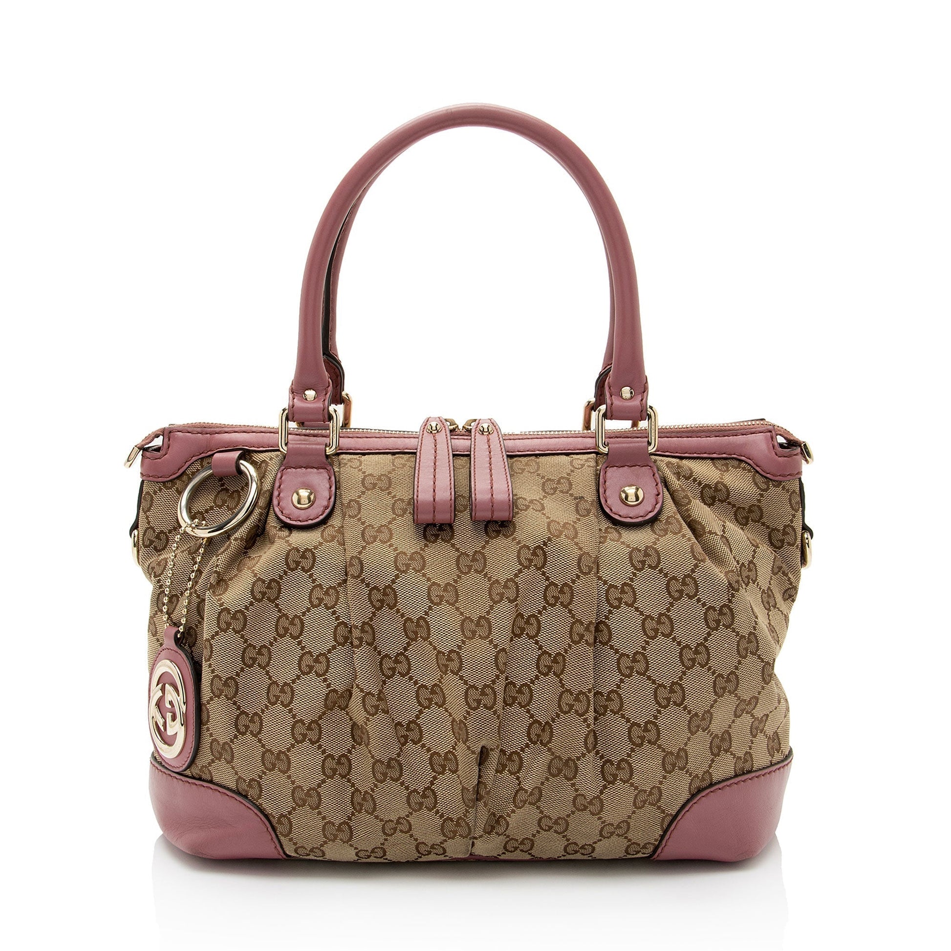 Gucci GG Sukey SHF-pOZTUq Leather Canvas Beige Pink Satchel Bag