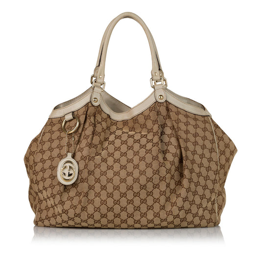 Gucci GG Sukey SHG Canvas Calf White Brown Tote Bag
