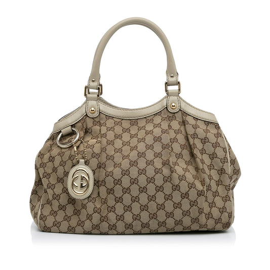 Gucci GG Sukey SHG-PPkJyj Canvas Calf White Brown Tote Bag