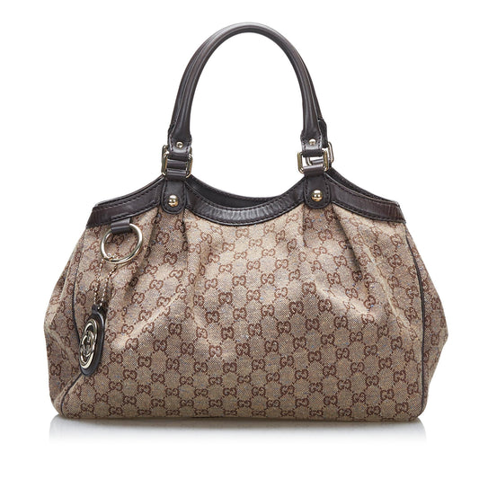 Gucci GG Sukey SHG-9YbwGD Canvas Calf Brown Tote Bag