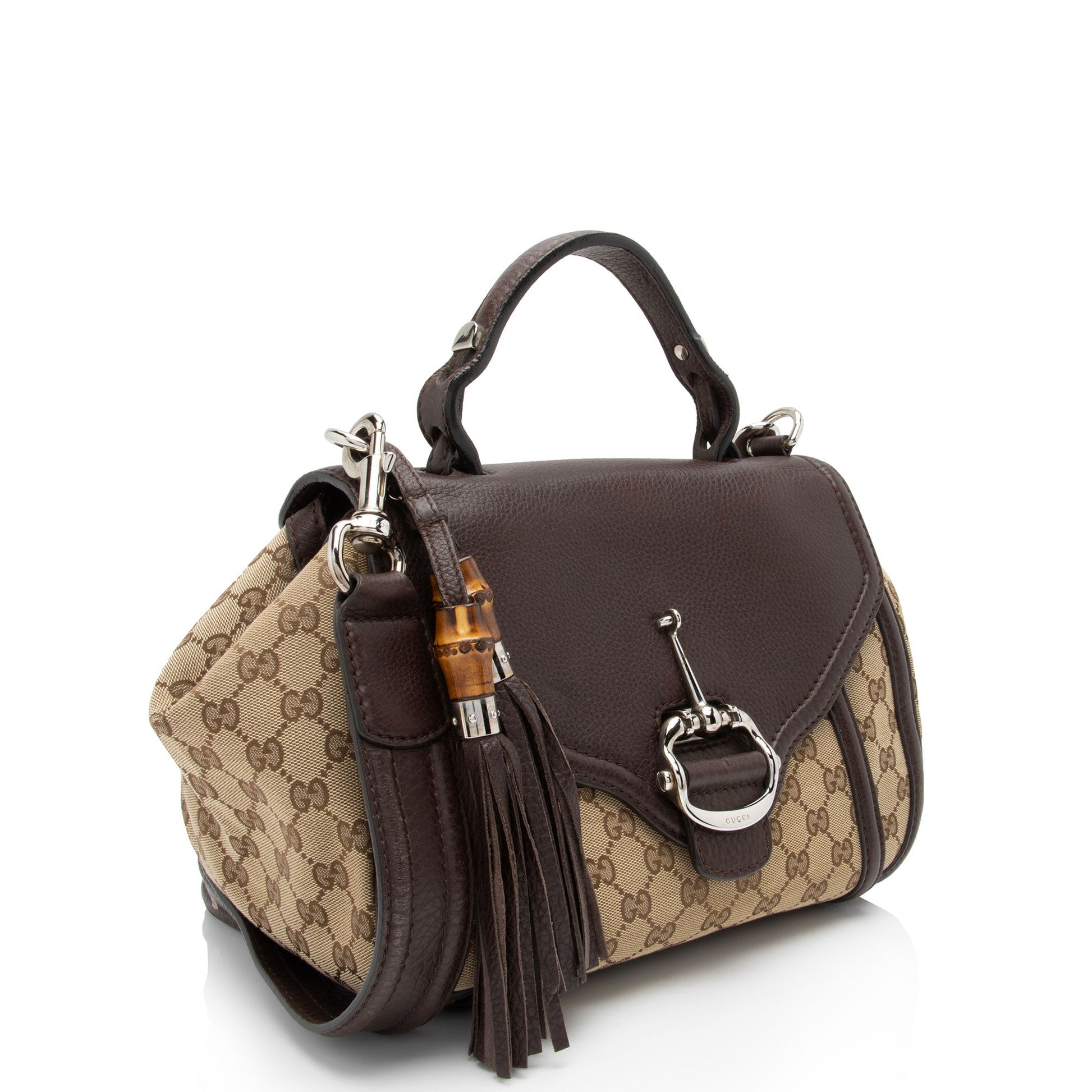 Gucci GG Techno Horsebit Top Handle Leather Canvas Brown Beige Shoulder Bag