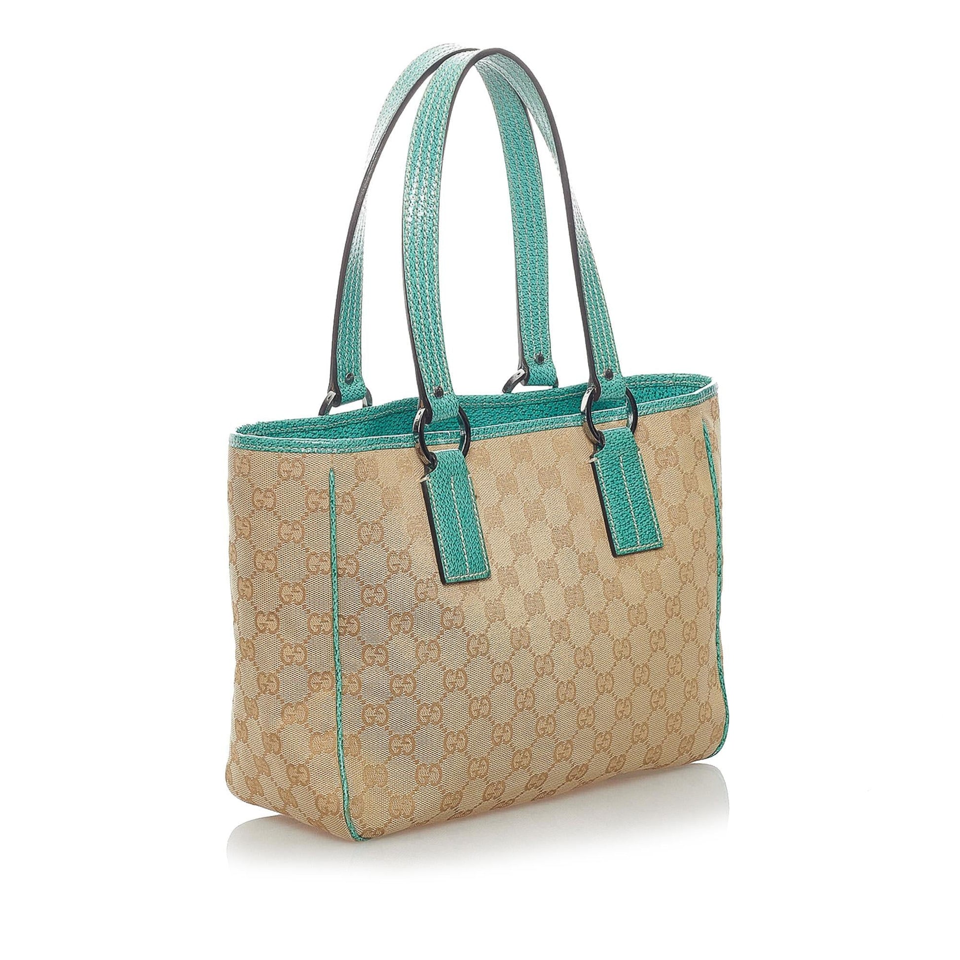 Gucci GG SHG Canvas Calf Brown Blue Tote Bag