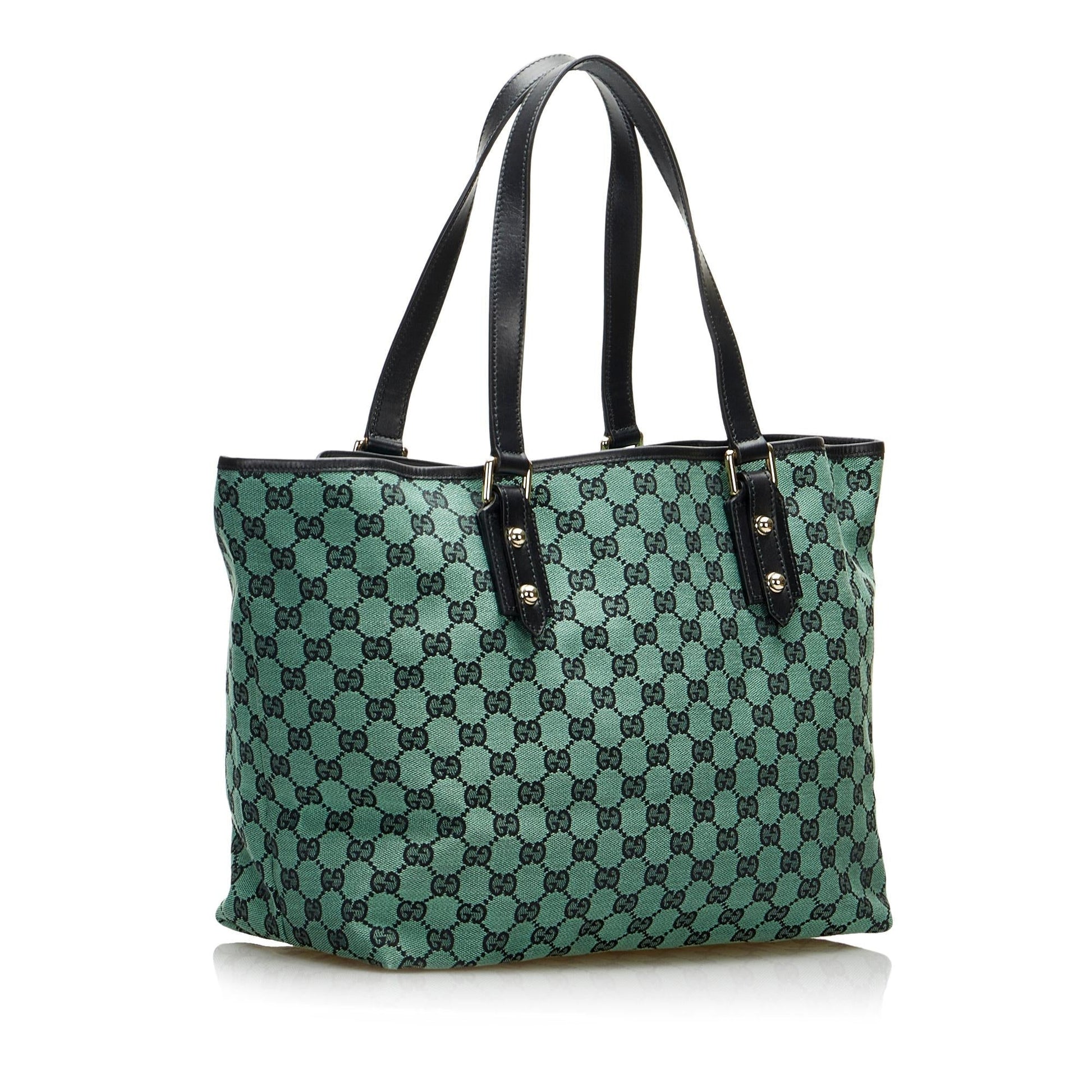 Gucci GG SHG-NayASu Canvas Calf Black Green Tote Bag
