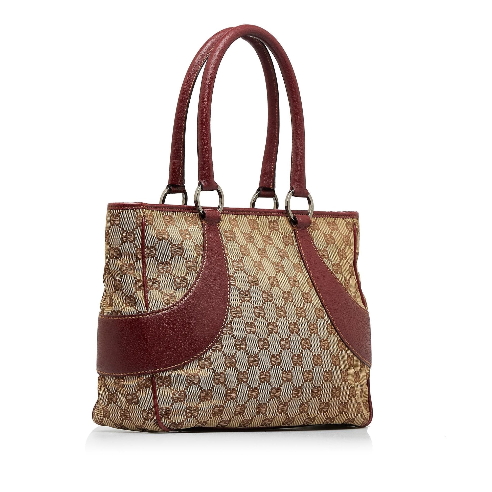 Gucci GG SHG-5gRQ8d Canvas Calf Brown Red Tote Bag