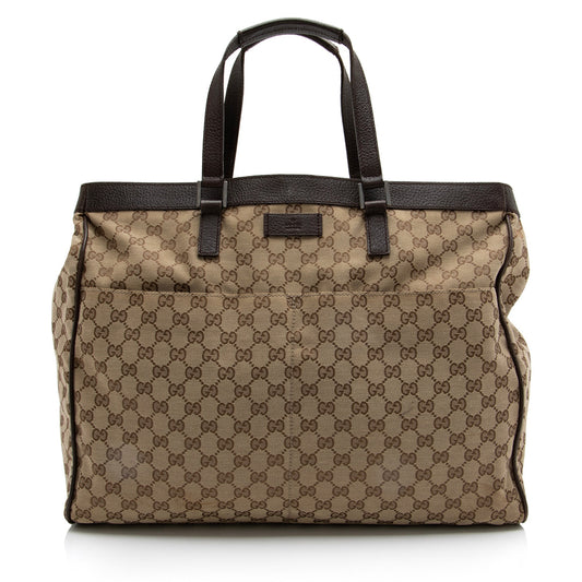 Gucci GG SHF Leather Canvas Brown Beige Tote Bag