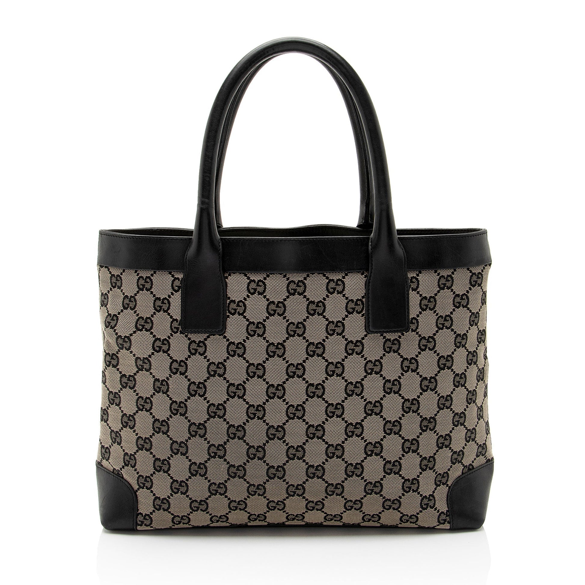 Gucci GG SHF-PZuc5z Leather Canvas Black Beige Tote Bag
