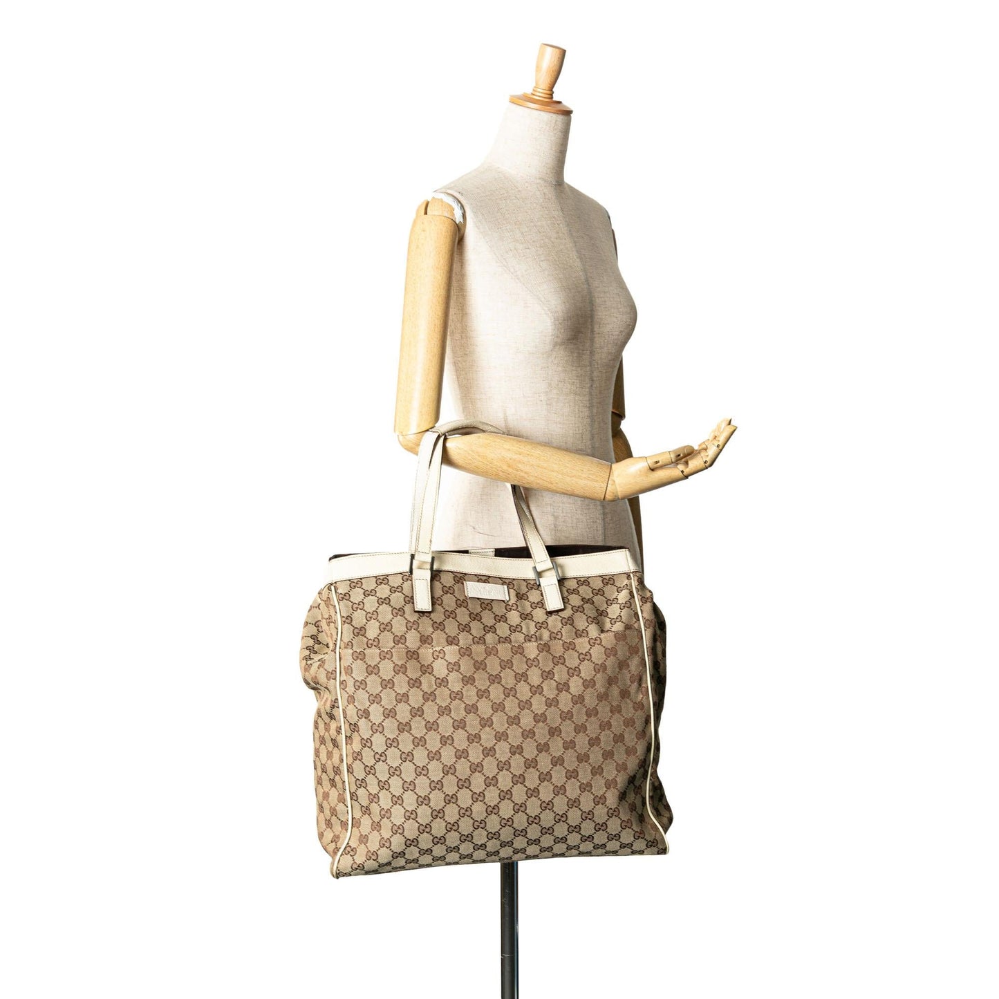 Gucci GG Canvas Calf White Brown Tote Bag